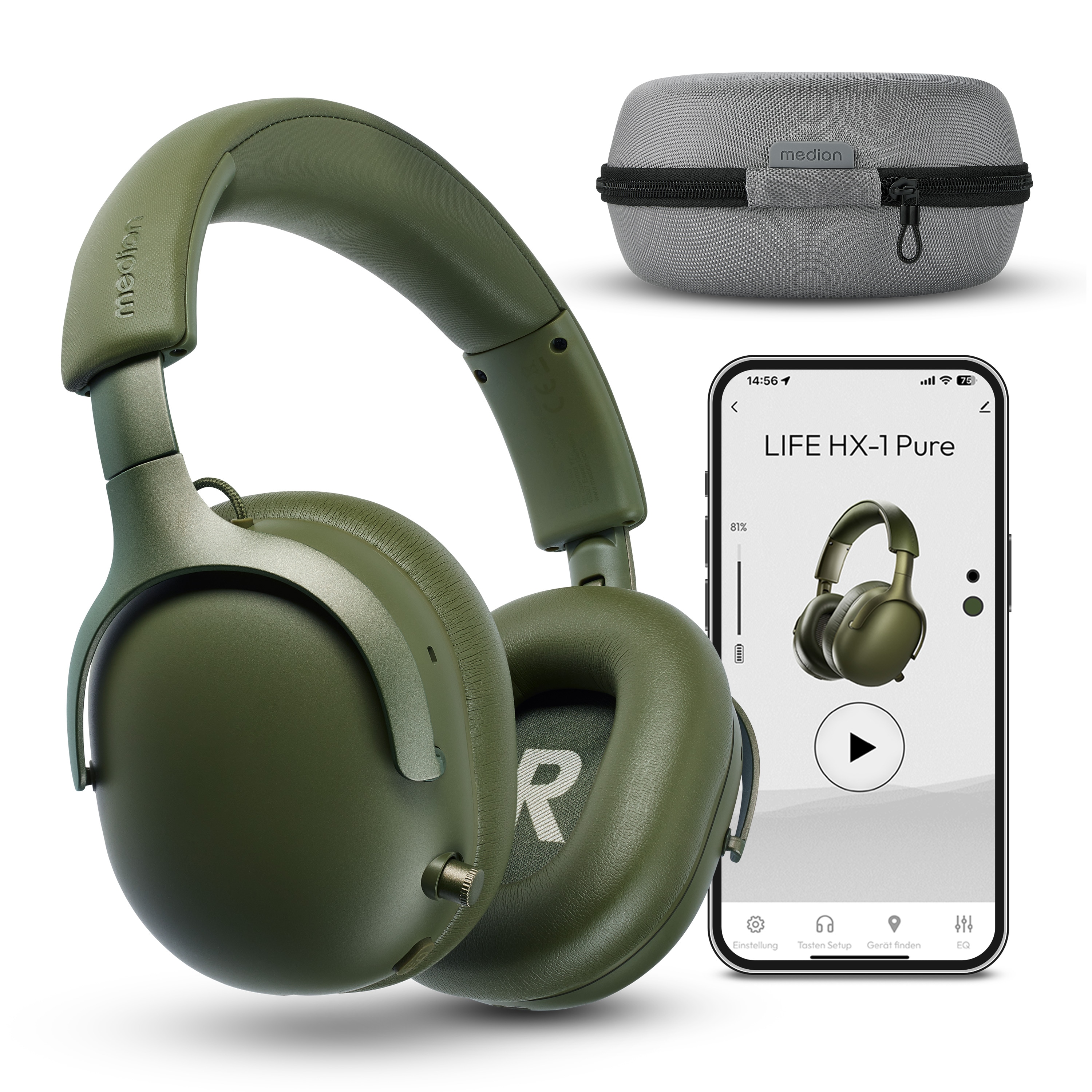 MEDION® Over Ear-Kopfhörer LIFE HX-1 Pure grün, bis zu 100 Stunden Akkulaufzeit, 3 EQ-Presets + 1 App-Preset, Bluetooth® 5.4 wireless technology, IPX4 Spritzwasserschutz