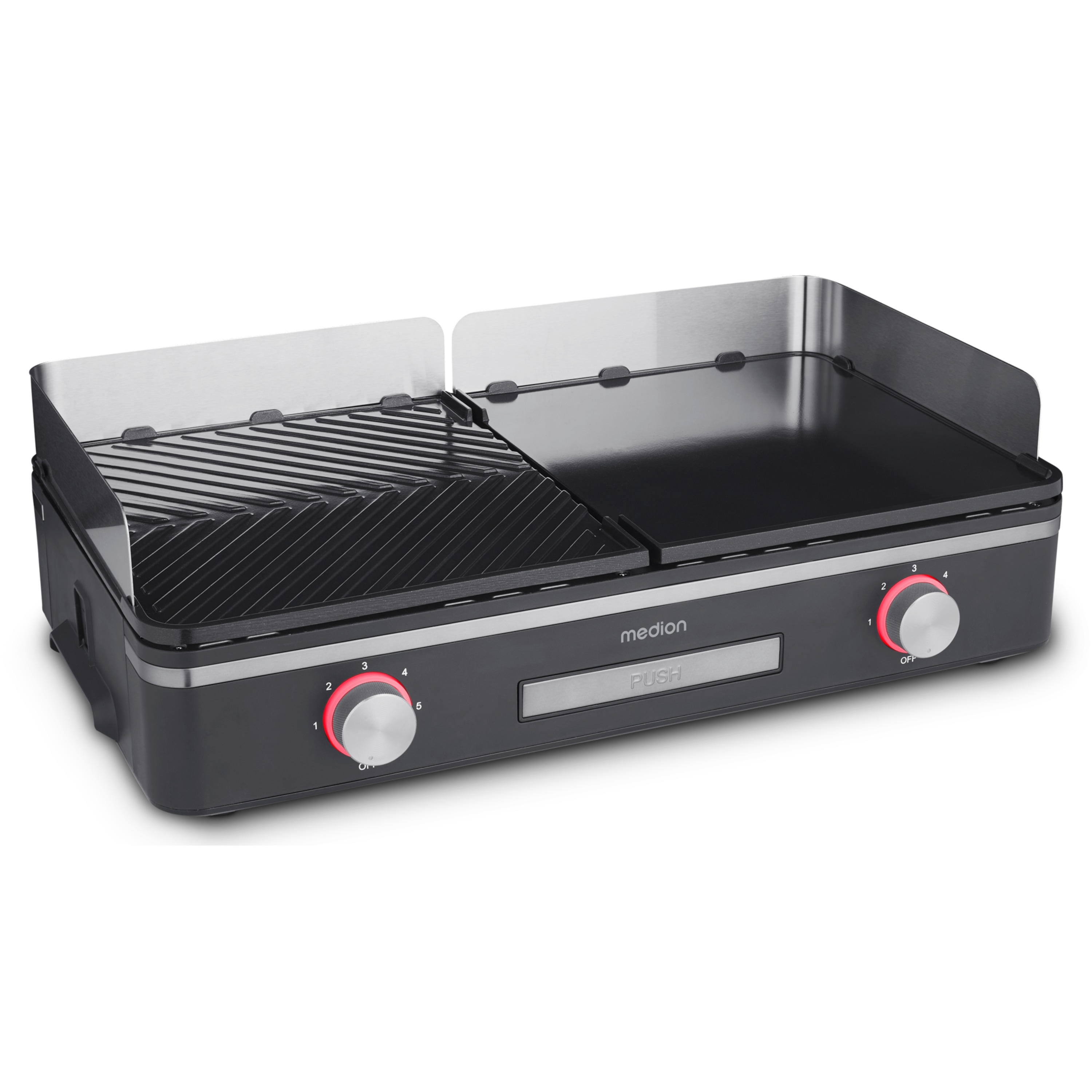 MEDION® LIFE Tischgrill mit Dual-Zonen-System (MD12027), 2,400 Watt, 2 abnehmbare Platten, LED-Statusanzeige (weiß, rot, grün), IPX4-Schutz