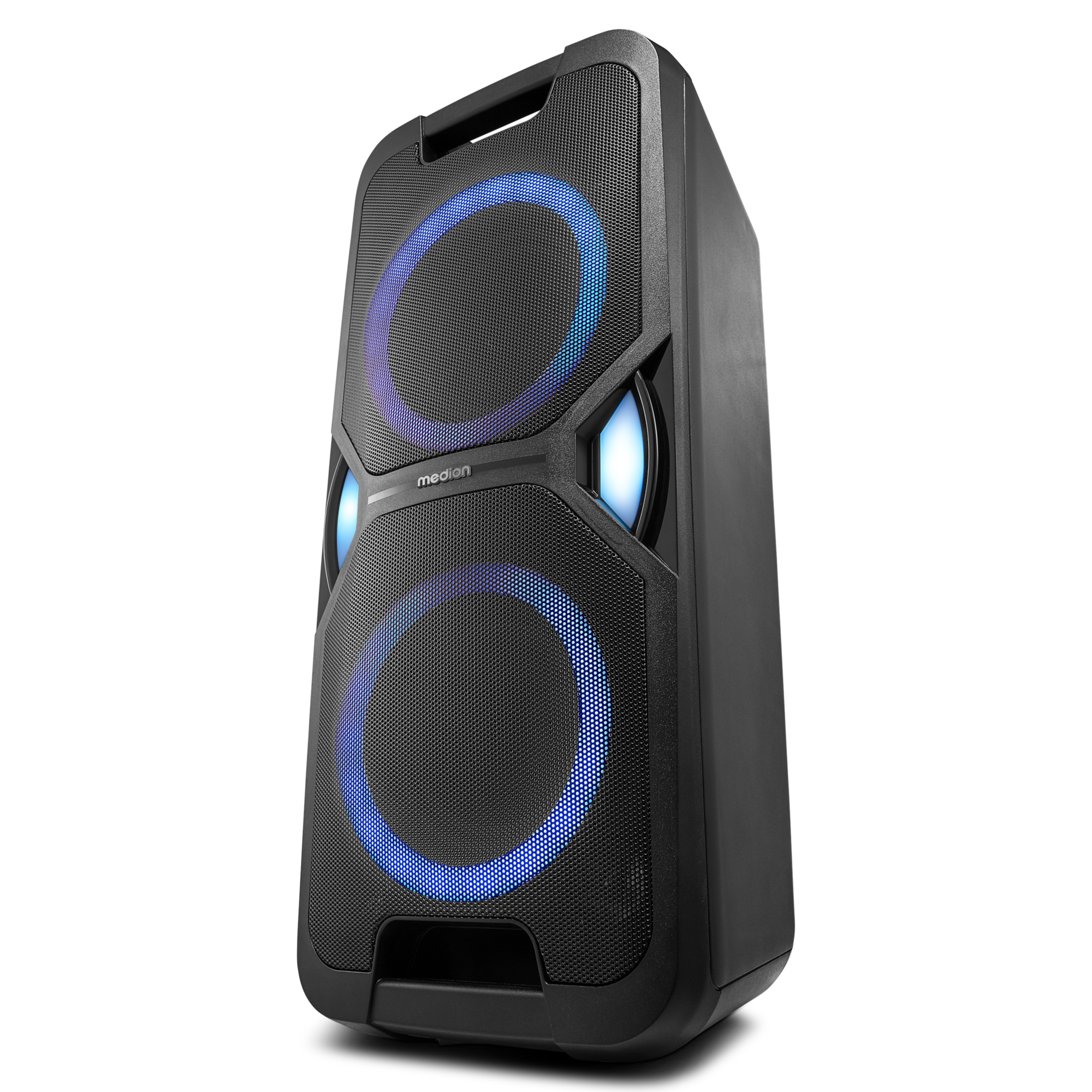 MEDION® LIFE® P61468 Partylautsprecher, PLL-UKW Radio, Bluetooth® 5.0, satter Sound, verschiedene Lichteffekte, X-Bass Bassanhebung, inkl. Mikrofon, 2 x 22 W RMS Ausgangsleistung
