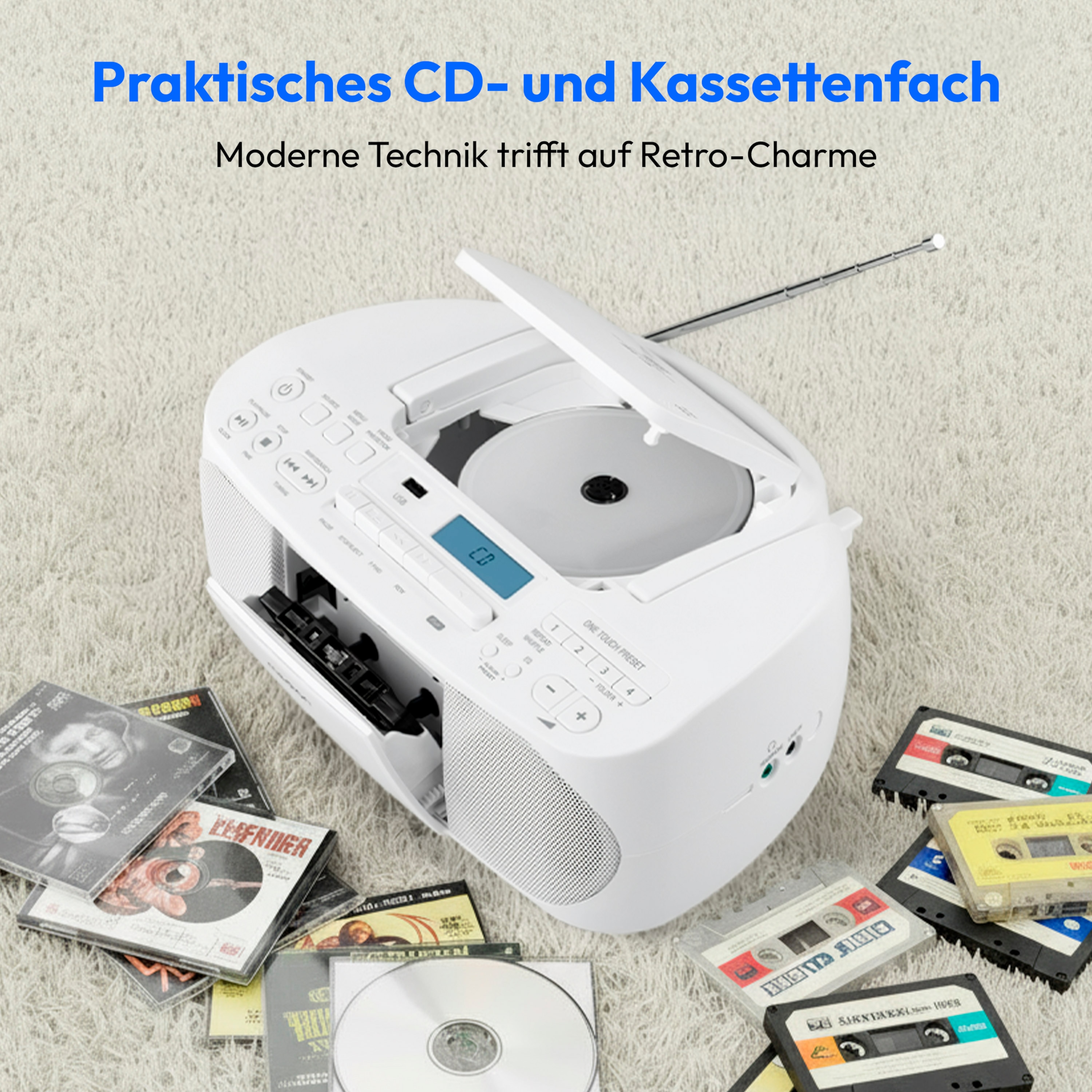 MEDION® LIFE® DRX-1 Plus Boombox, DAB+/PLL-UKW-Stereo Radio, Bluetooth® 5.4, CD-Kassetten-Radio mit MP3-Wiedergabe, USB Anschluss, CD-R/RW kompatibel, AUX-In, 2 x 3 W RMS