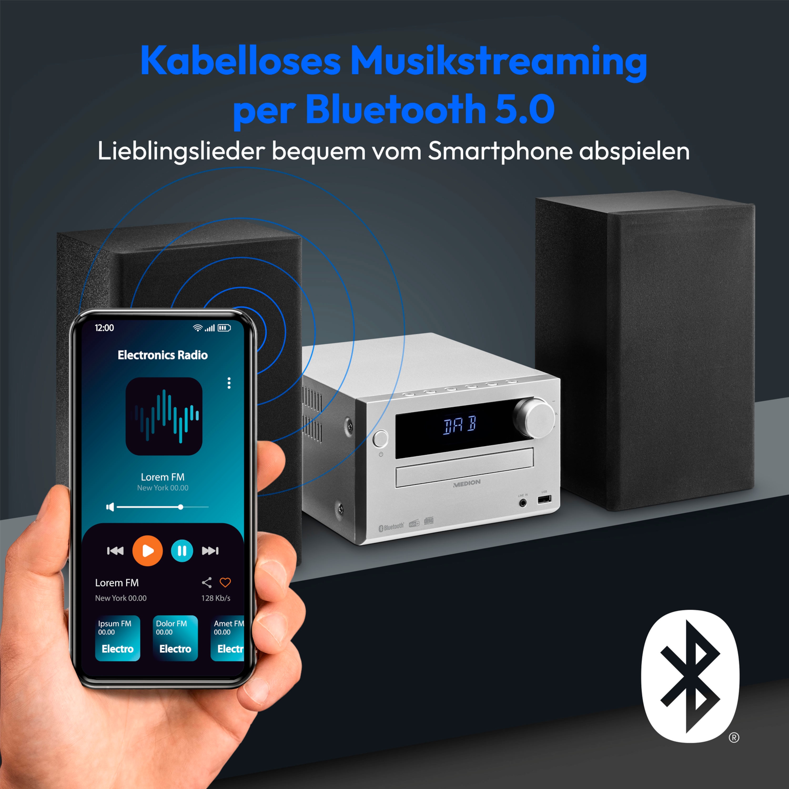 MEDION® LIFE® E64482 Micro-Audio-System, DAB+/PLL-UKW Stereo Radio, Empfang von Radiosendern in brillanter Tonqualität, Bluetooth® 5.0, CD/MP3-Player, LCD-Display, 2 x 15 W RMS