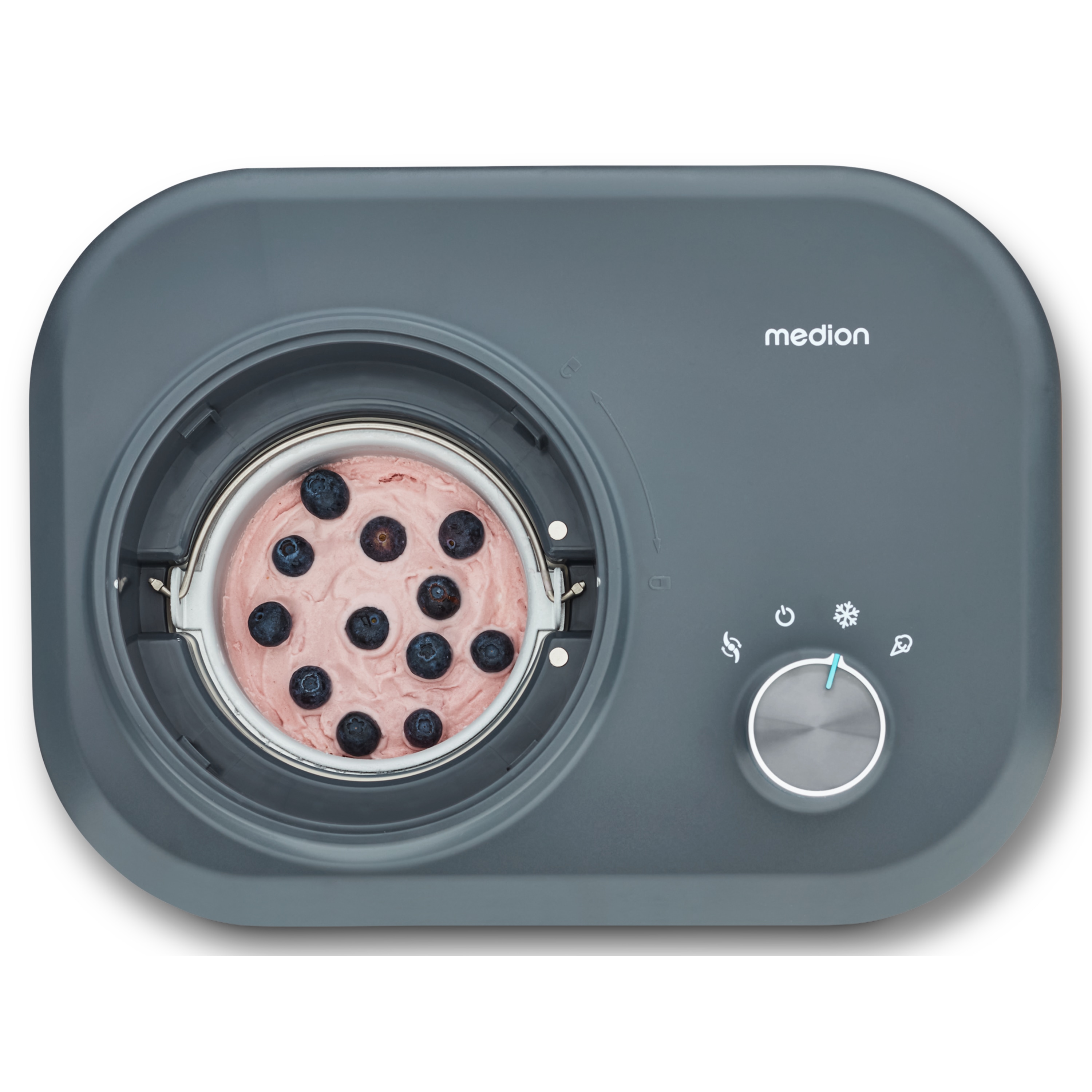 MEDION® LIFE® Eismaschine MD 10169, Kapazität für 1 L Eis, kein Vorkühlen notwendig, entnehmbarer Aluminium-Eisbehälter, geeignet für die Zubereitung von Eiscreme, Frozen Yoghurt & Sorbet