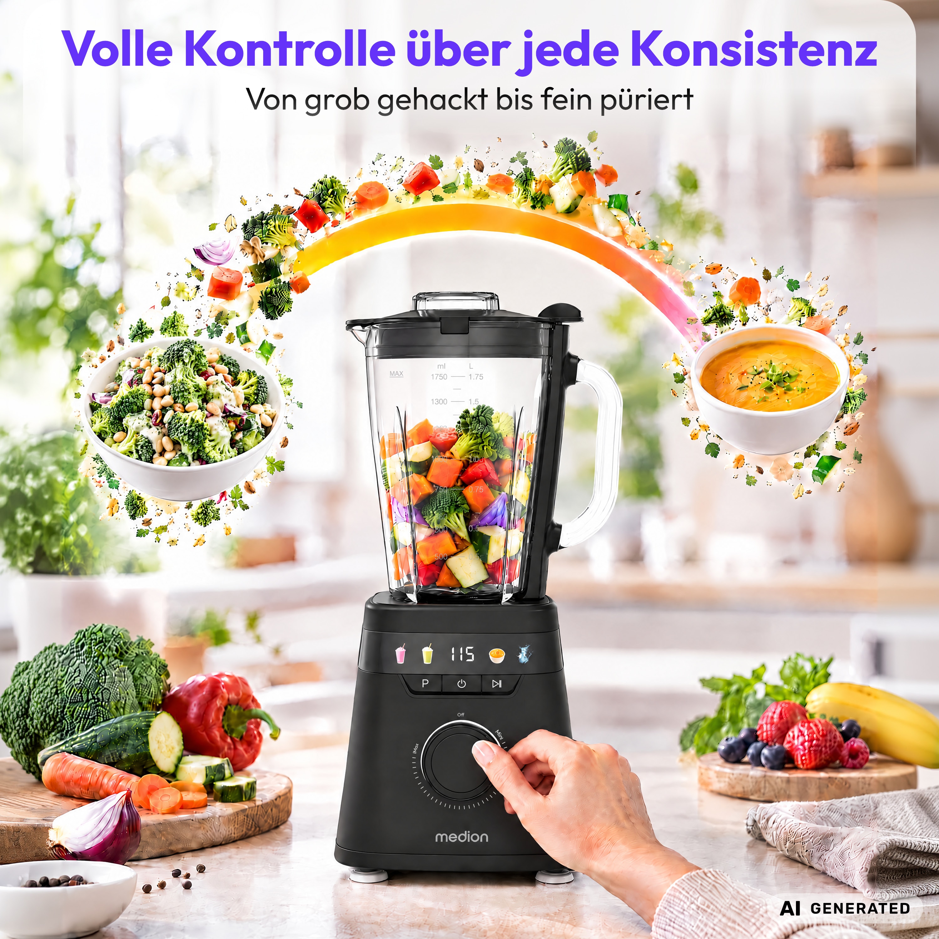 MEDION® LIFE® Standmixer MD 100105, 900 Watt (neue GS Norm), 1,75 Liter Glasbehälter, 4 Automatikprogramme, LED-Display, stufenlose Geschwindigkeitsregelung, To-go-Flasche