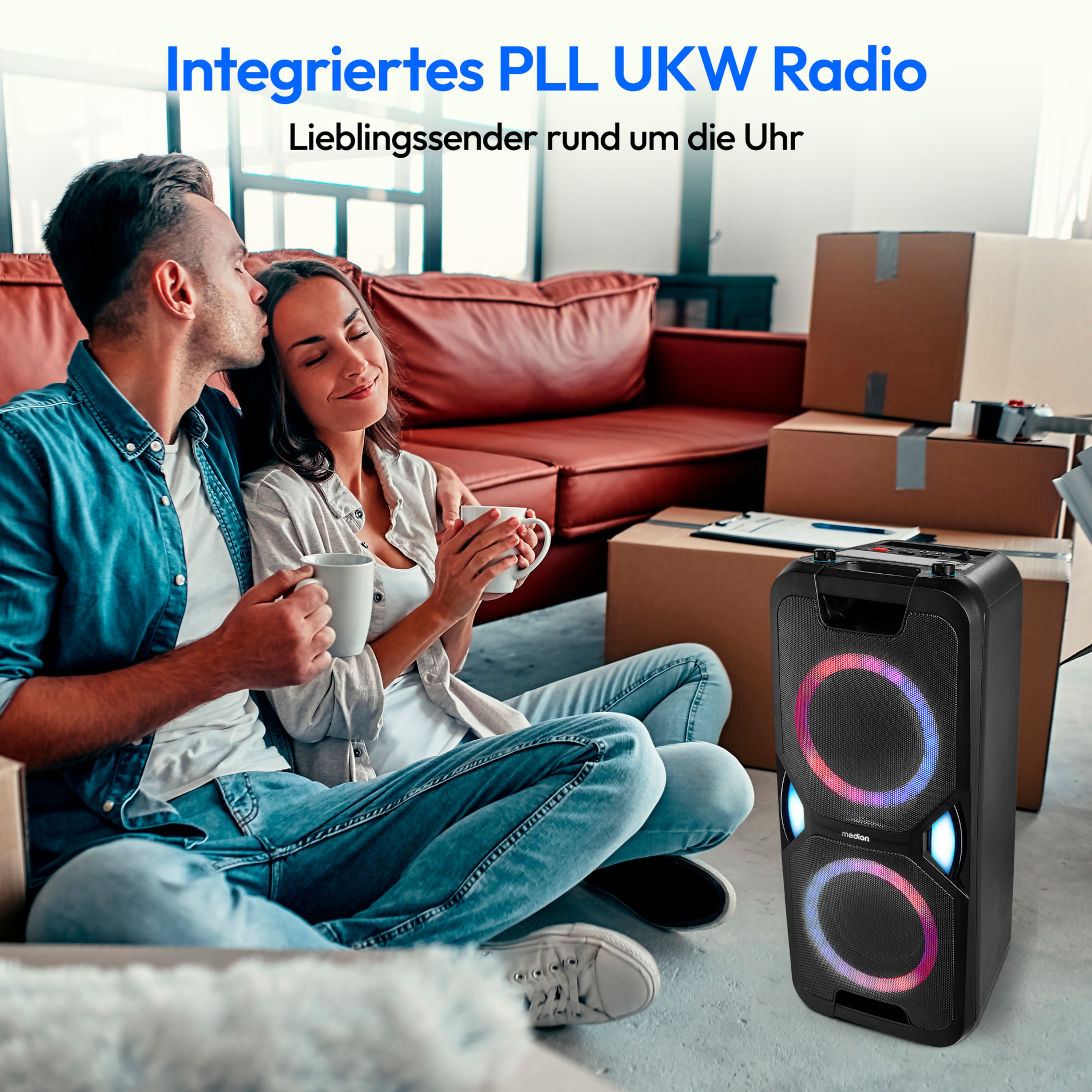 MEDION® LIFE® P61468 Partylautsprecher, PLL-UKW Radio, Bluetooth® 5.0, satter Sound, verschiedene Lichteffekte, X-Bass Bassanhebung, inkl. Mikrofon, 2 x 22 W RMS Ausgangsleistung
