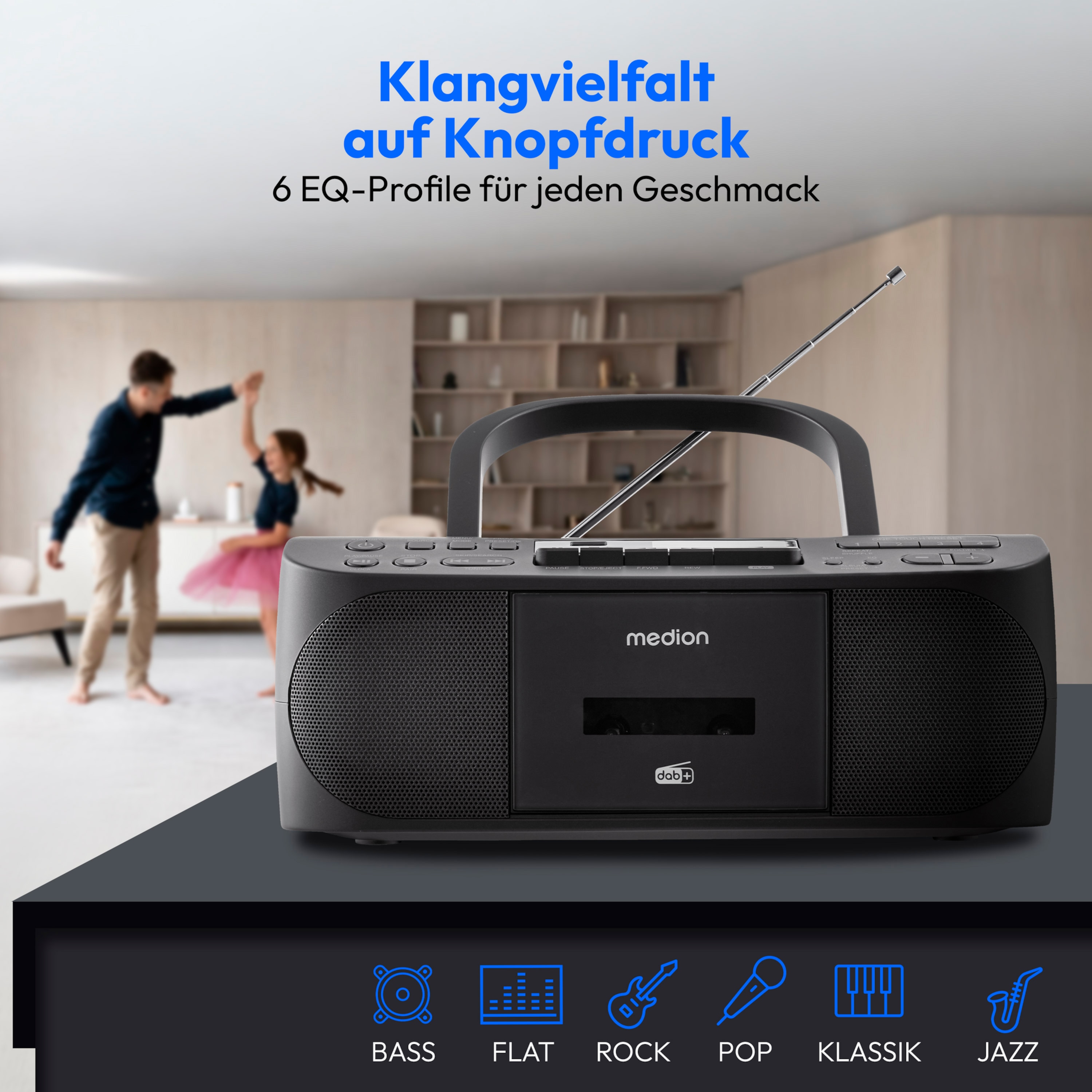 MEDION® LIFE® DRX-1 Plus Boombox, DAB+/PLL-UKW-Stereo Radio, Bluetooth® 5.4, CD-Kassetten-Radio mit MP3-Wiedergabe, USB Anschluss, CD-R/RW kompatibel, AUX-In, 2 x 3 W RMS