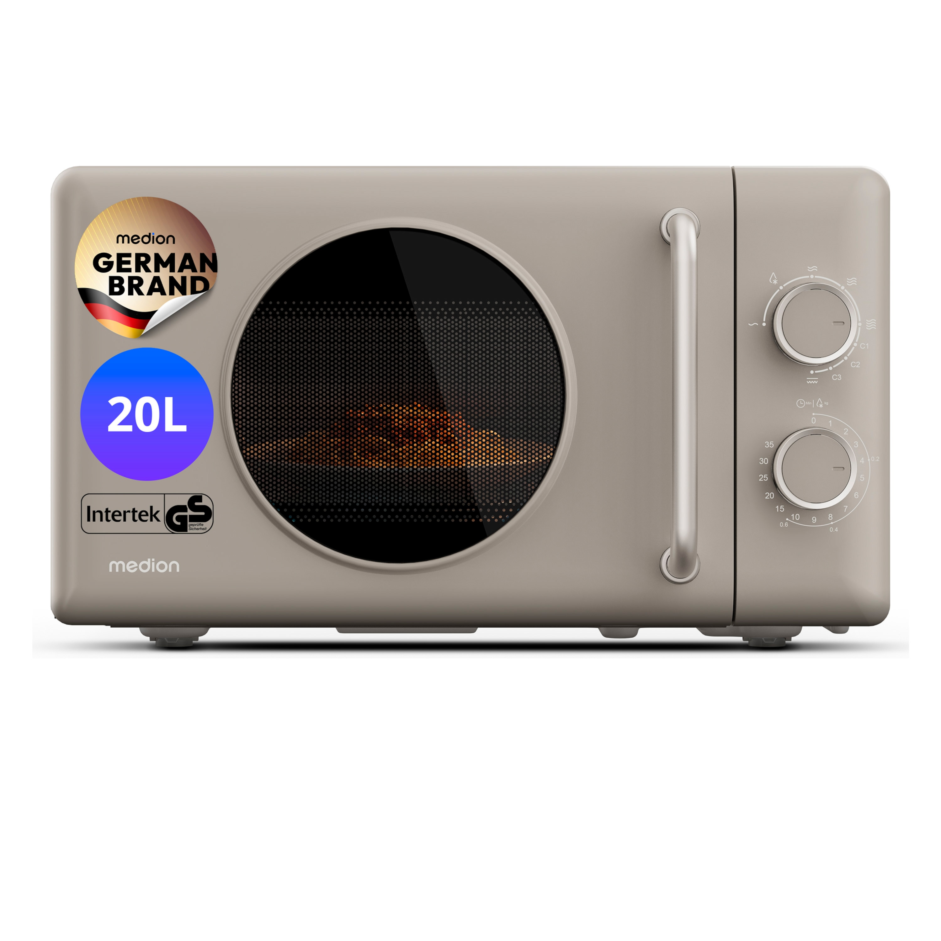 MEDION® LIFE® Retro-Mikrowelle MD 100119, 800 W Leistung, Grillfunktion, 20 L kompakt, 5 Mikrowellenstufen, Auftaufunktion, Timerfunktion, stilvolles Retro-Design
