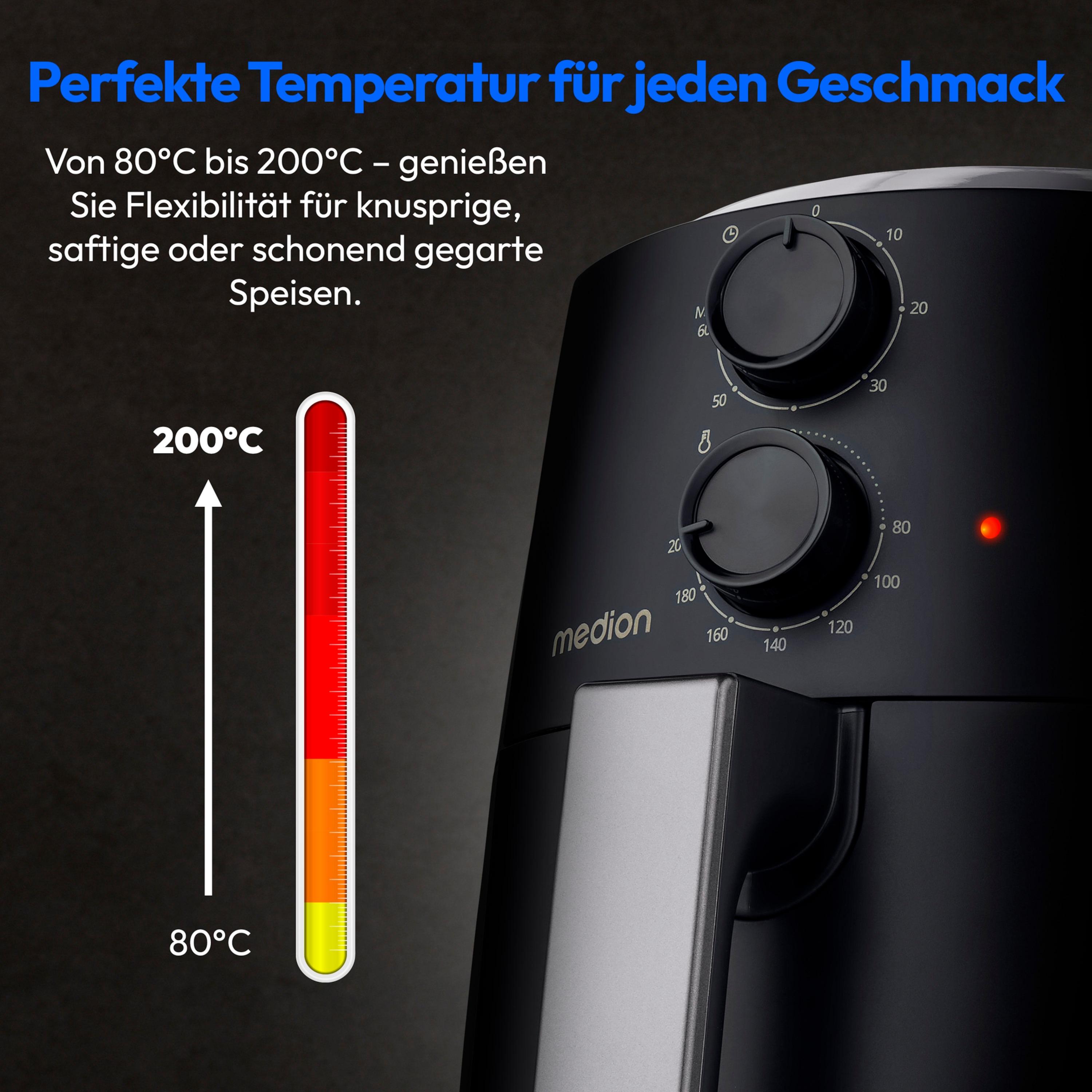 MEDION® LIFE Heißluftfritteuse P30 L (MD13020), 100 Rezepte in der Life+ App¹, 4,7 Liter Fassungsvermögen, 1.500 Watt, 60 min. Timer