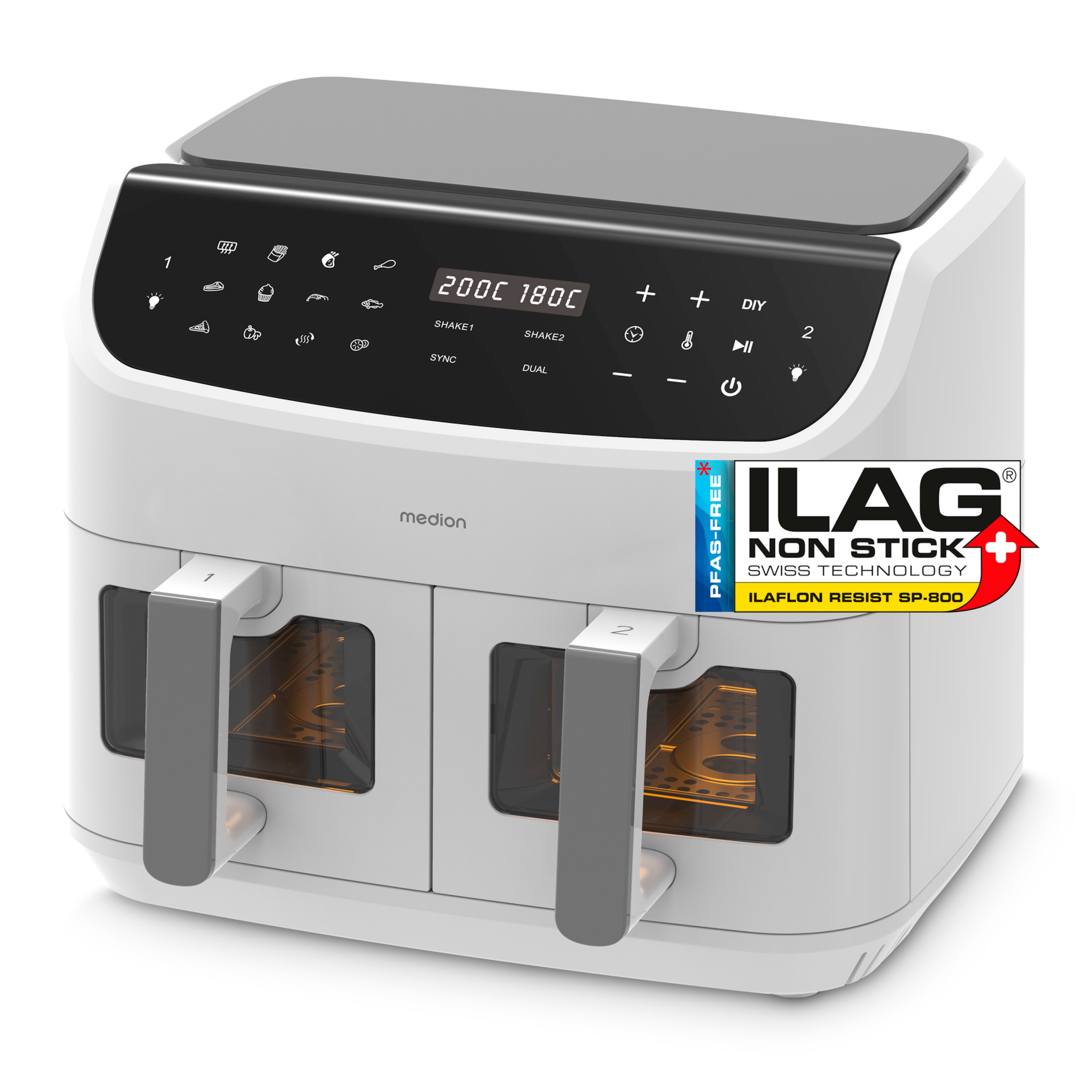 MEDION® LIFE® P20 XXL Twin Doppelzonen-Heißluftfritteuse MD 11760, 100 Rezepte in der Life+ App, 2 separate Garzonen, 9 Automatikprogramme, 8,7 L Gesamt-Nutzinhalt, 2.600 Watt, Temperatur einstellbar bis 200 °C