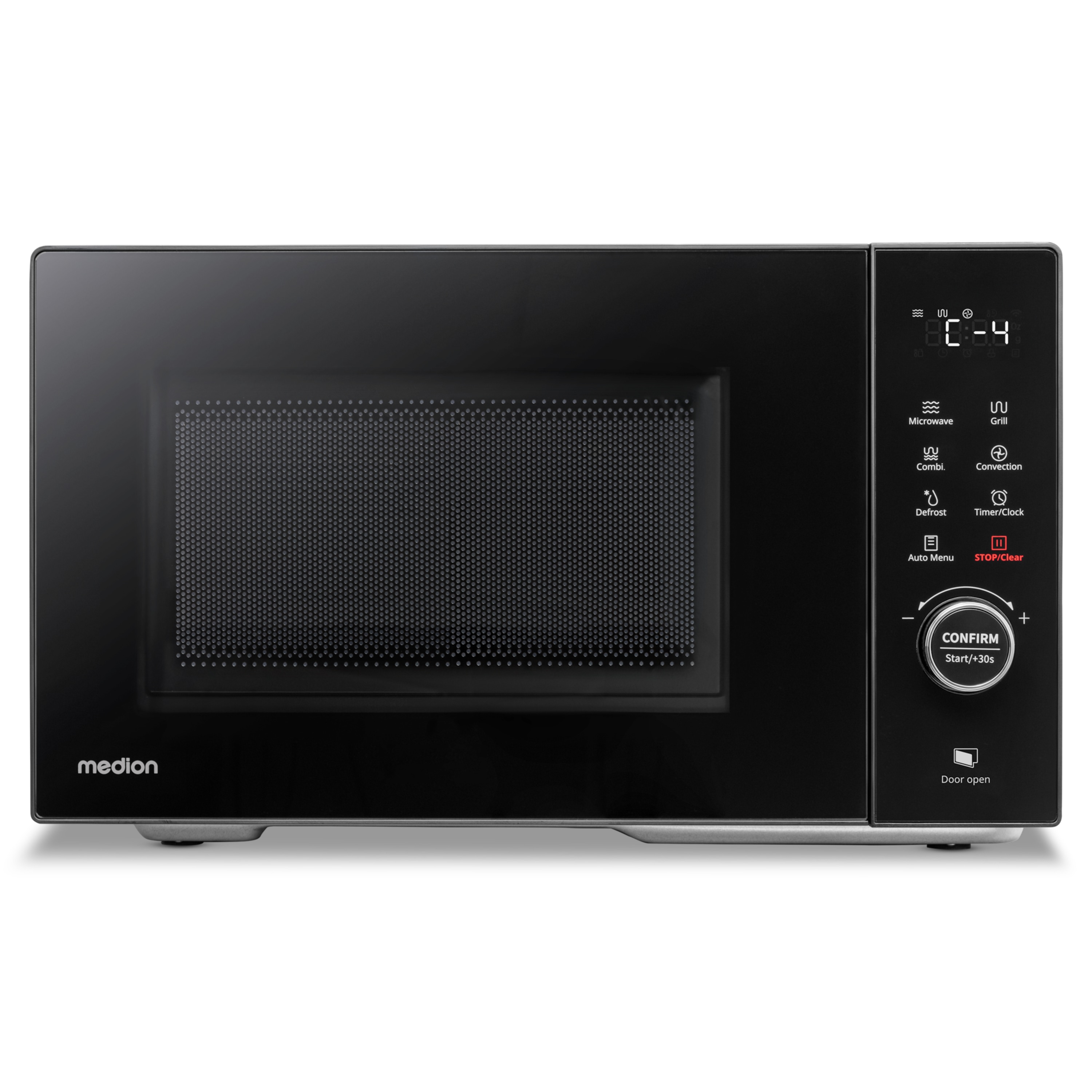 MEDION® LIFE® 3 in 1 Mikrowelle MD12031, 900 Watt Mikrowellenleistung, 1000 Watt Grillleistung, 1680 Watt Heißluftfunktion, Sensor-Touch-Türöffnung, 11 Automatikprogramme, 23 L Kapazität, 5 Leistungsstufen, digitaler 95 min. Timer, Auftaufunktion
