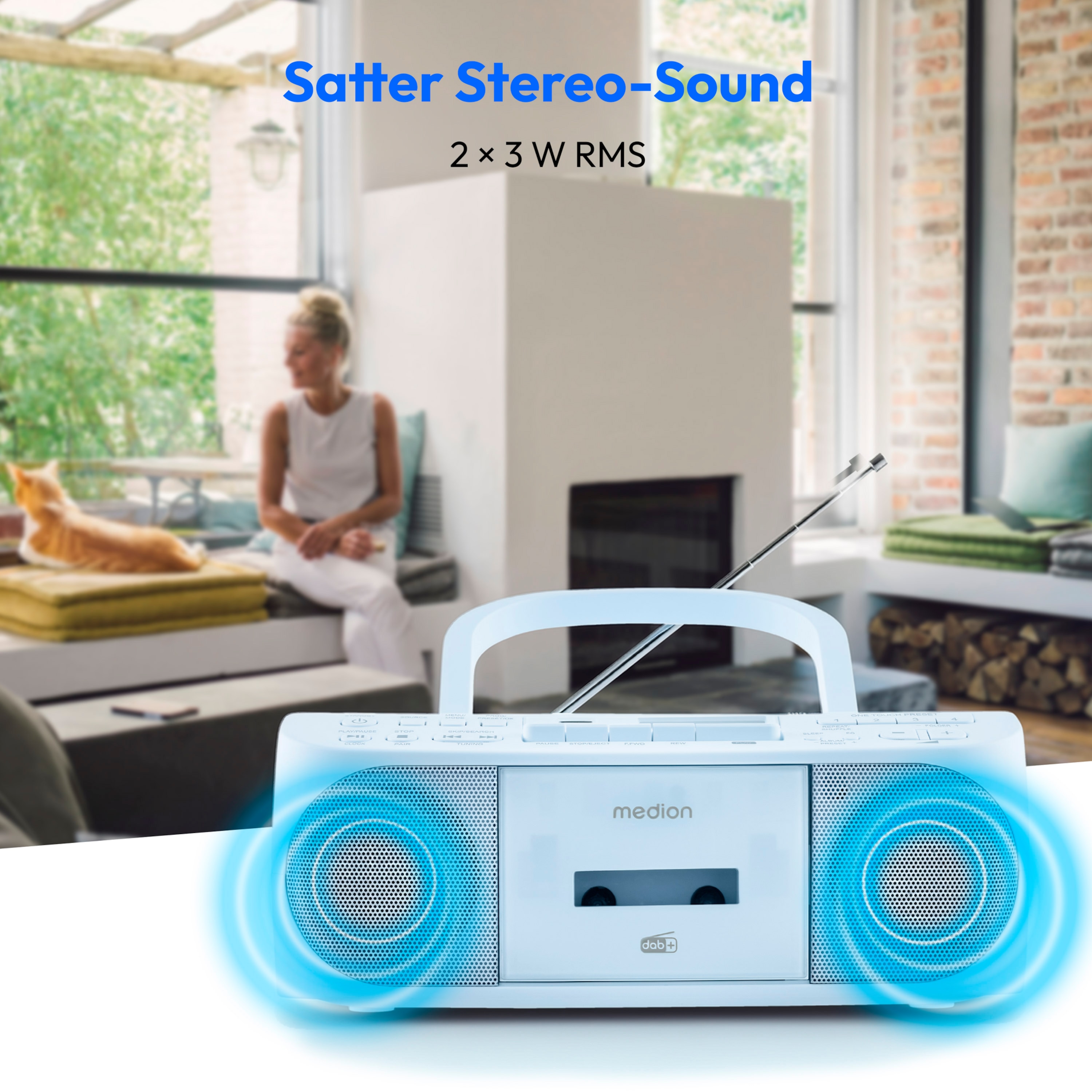 MEDION® LIFE® DRX-1 Plus Boombox, DAB+/PLL-UKW-Stereo Radio, Bluetooth® 5.4, CD-Kassetten-Radio mit MP3-Wiedergabe, USB Anschluss, CD-R/RW kompatibel, AUX-In, 2 x 3 W RMS