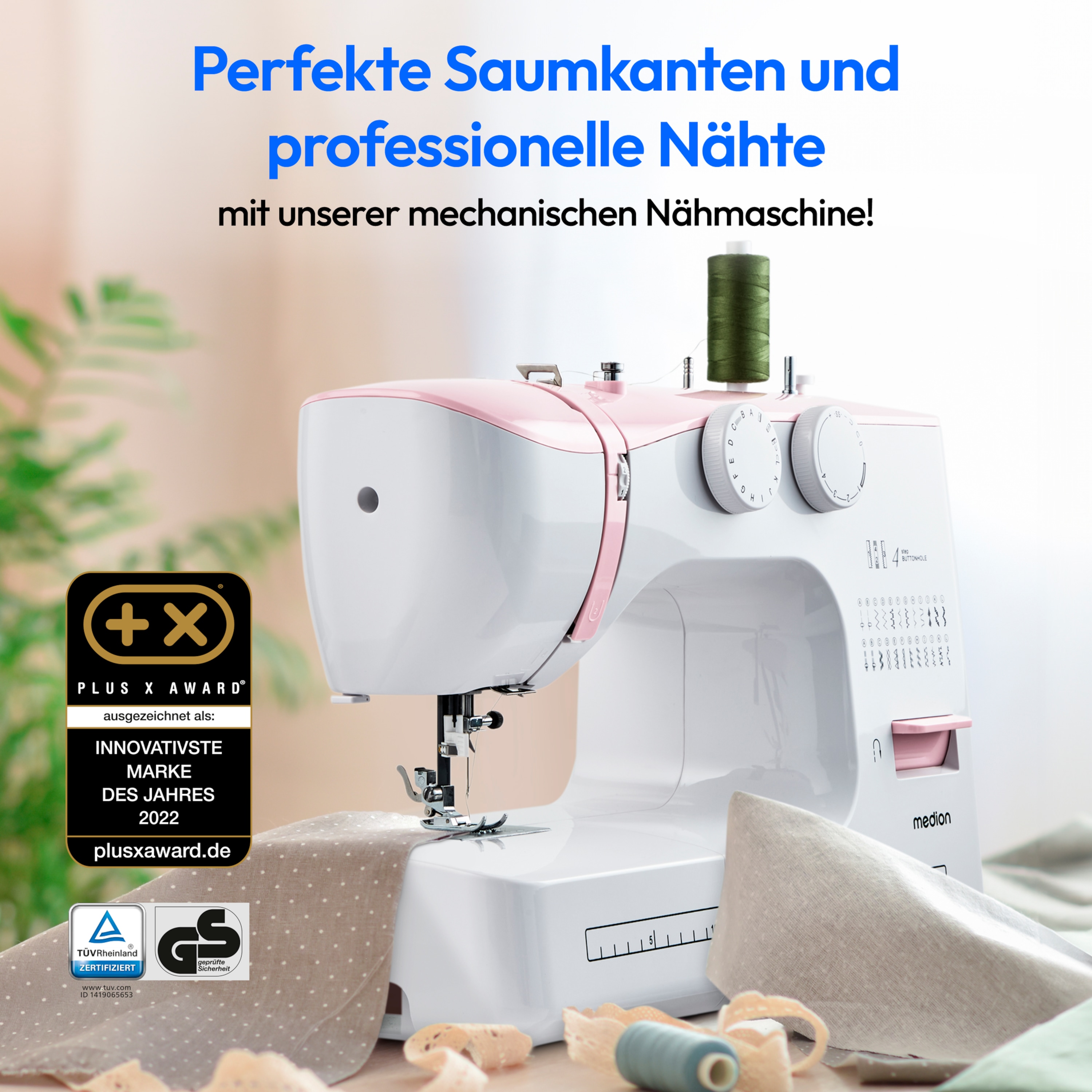 MEDION® LIFE® Freiarm-Nähmaschine SM60 (MD10689), einstellbare Stichlänge und Stichbreite, automatischer Einfädler, 60 verschiedene Stichmuster, integriertes Zubehörfach, 60 Watt Motorleistung