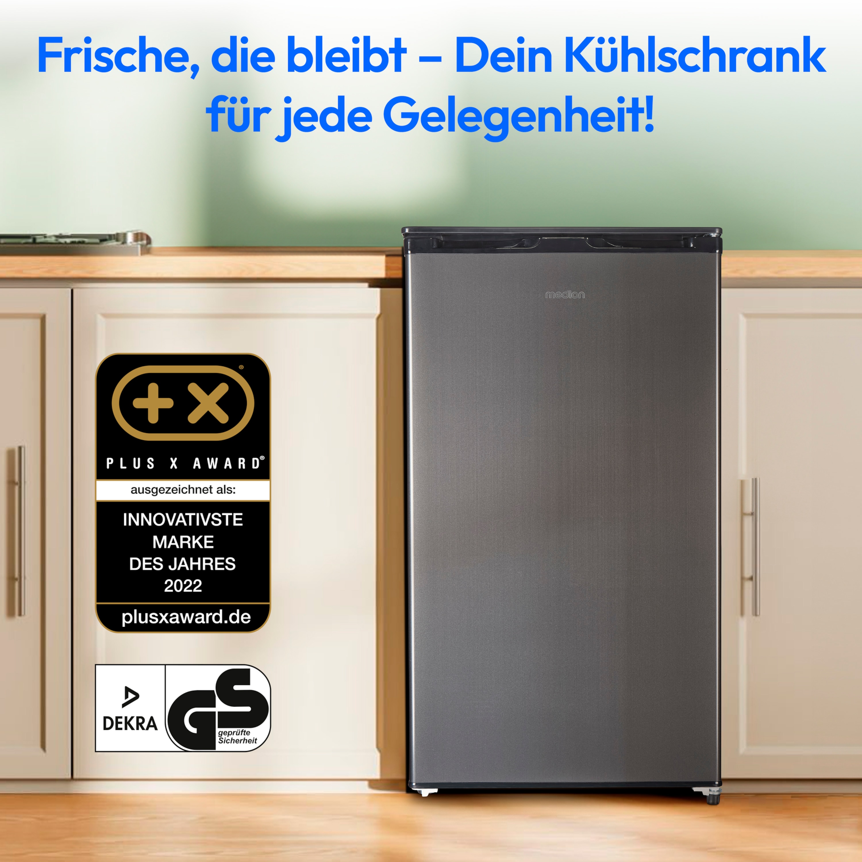 MEDION® Kühlschrank mit Eiswürfelfach MD 37690, 90 L Gesamt-Nutzinhalt (Kühlteil 80 L & Eiswürfelfach 10 L), wechselbarer Türanschlag, geringer Geräuschpegel