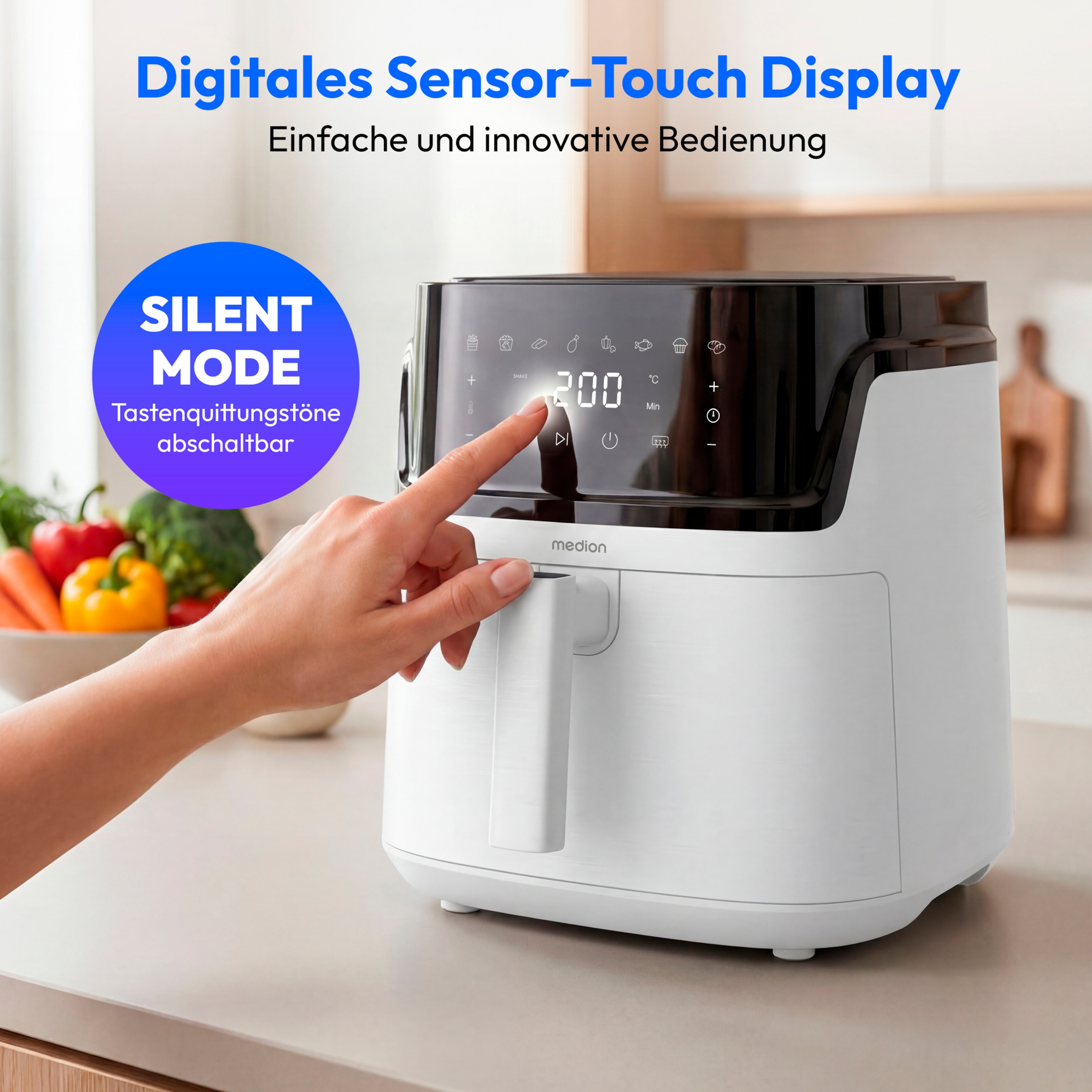 MEDION® LIFE Heißluftfritteuse MD100056, 7,2 L Gesamtvolumen, 10 Automatikprogramme, Edelstahl-Heizelement, digitales Sensor-Touch-Display, Temperatur 40–200 °C, ILAG SP-800 Beschichtung
