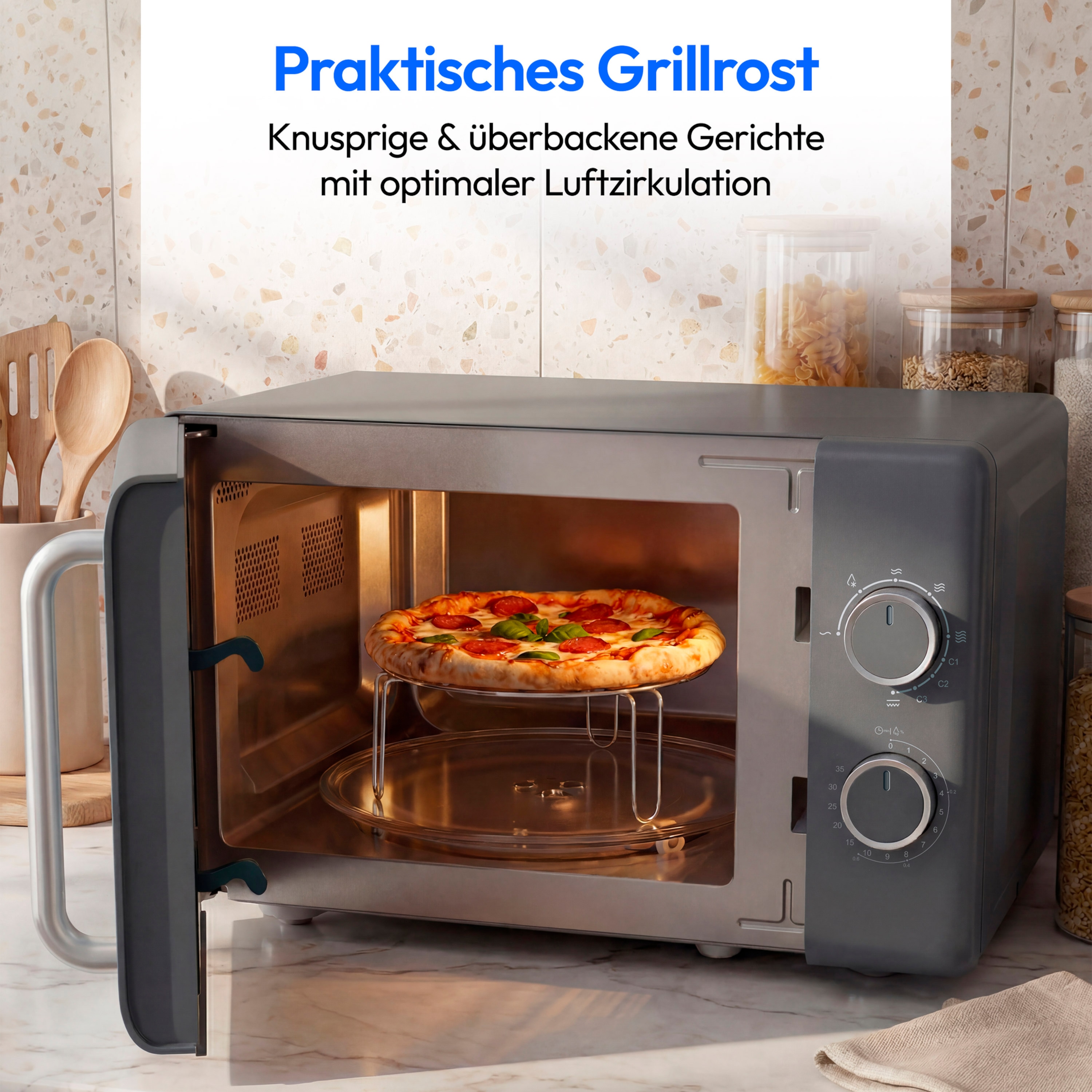 MEDION® LIFE® Retro-Mikrowelle MD 100119, 800 W Leistung, Grillfunktion, 20 L kompakt, 5 Mikrowellenstufen, Auftaufunktion, Timerfunktion, stilvolles Retro-Design
