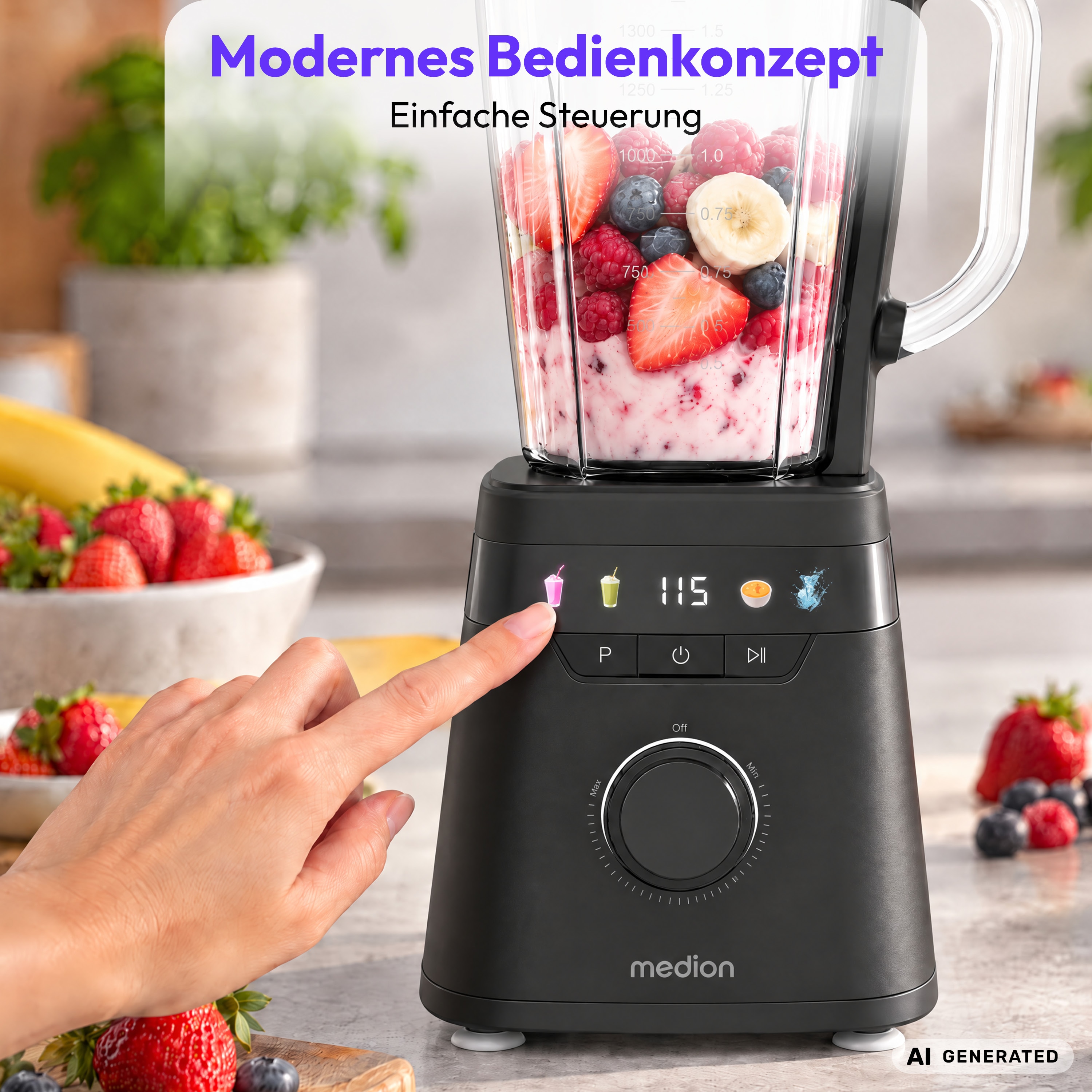 MEDION® LIFE® Standmixer MD 100105, 900 Watt (neue GS Norm), 1,75 Liter Glasbehälter, 4 Automatikprogramme, LED-Display, stufenlose Geschwindigkeitsregelung, To-go-Flasche