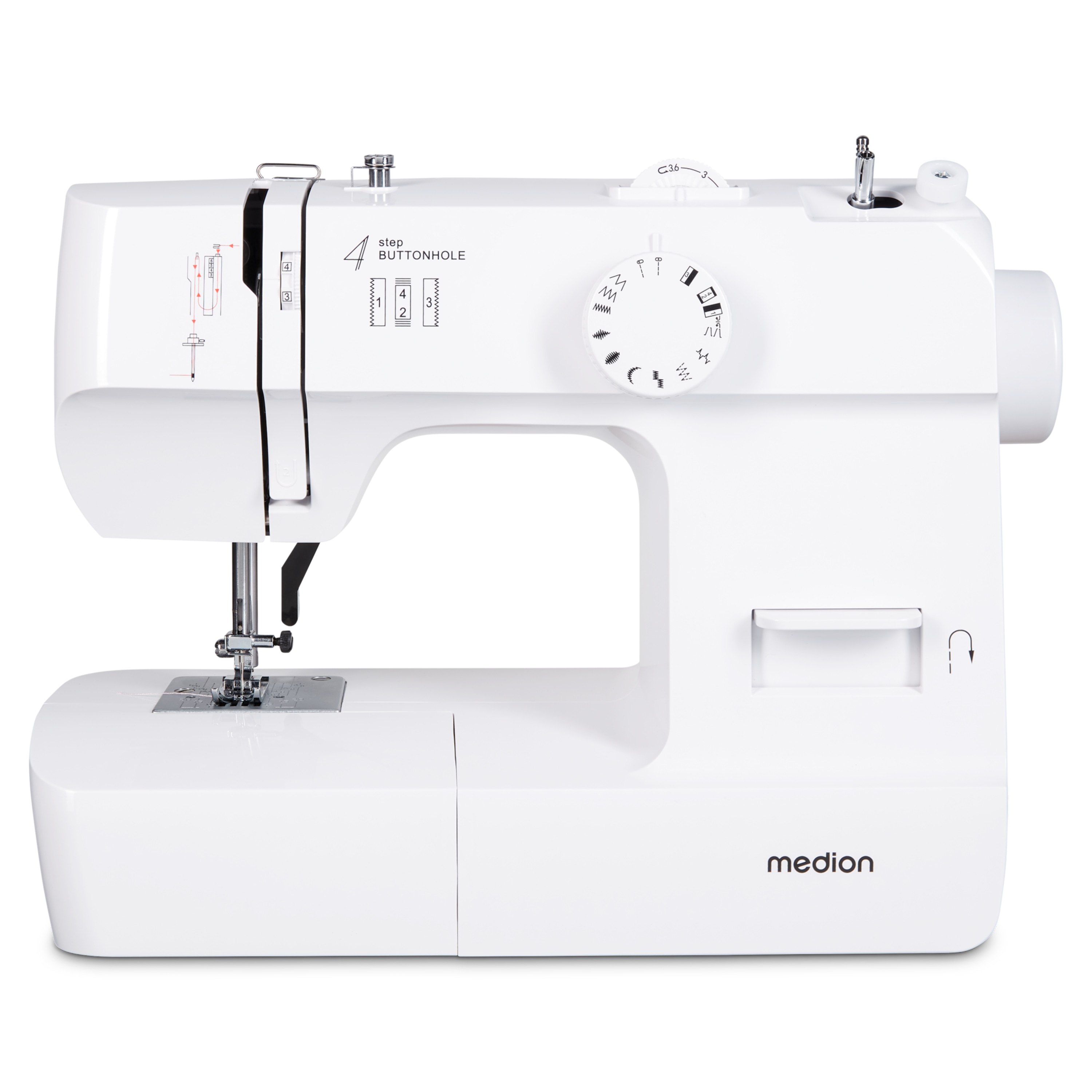 MEDION® LIFE Nähmaschine SM70 (MD 11179), 12 verschiedene Stickmuster, 4 Schritte Knopfloch, einstellbare Stichlänge, 70 Watt Motorleistung