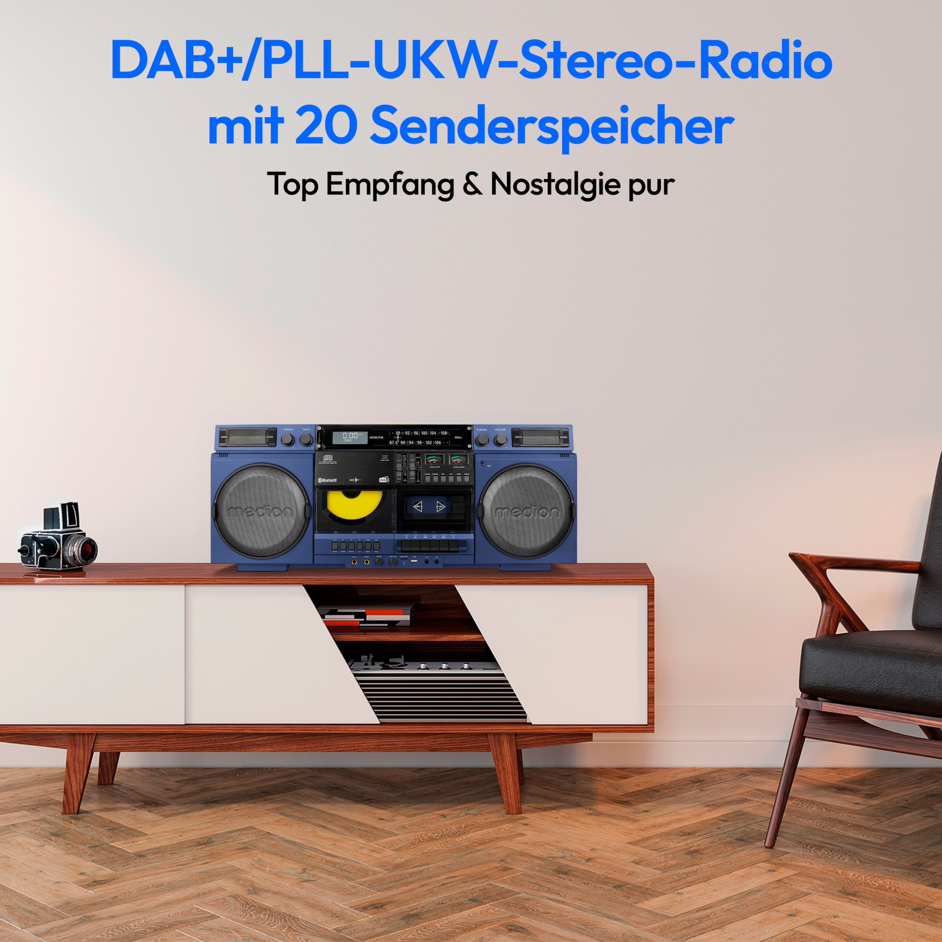 MEDION® LIFE® P66538 Retro-Boombox, DAB+/PLL-UKW Radio, Bluetooth® 5.3 für das Abspielen von Smartphone & Co, CD-Player, Kassettendeck, X-Bass Funktion, 2 x 10 W RMS