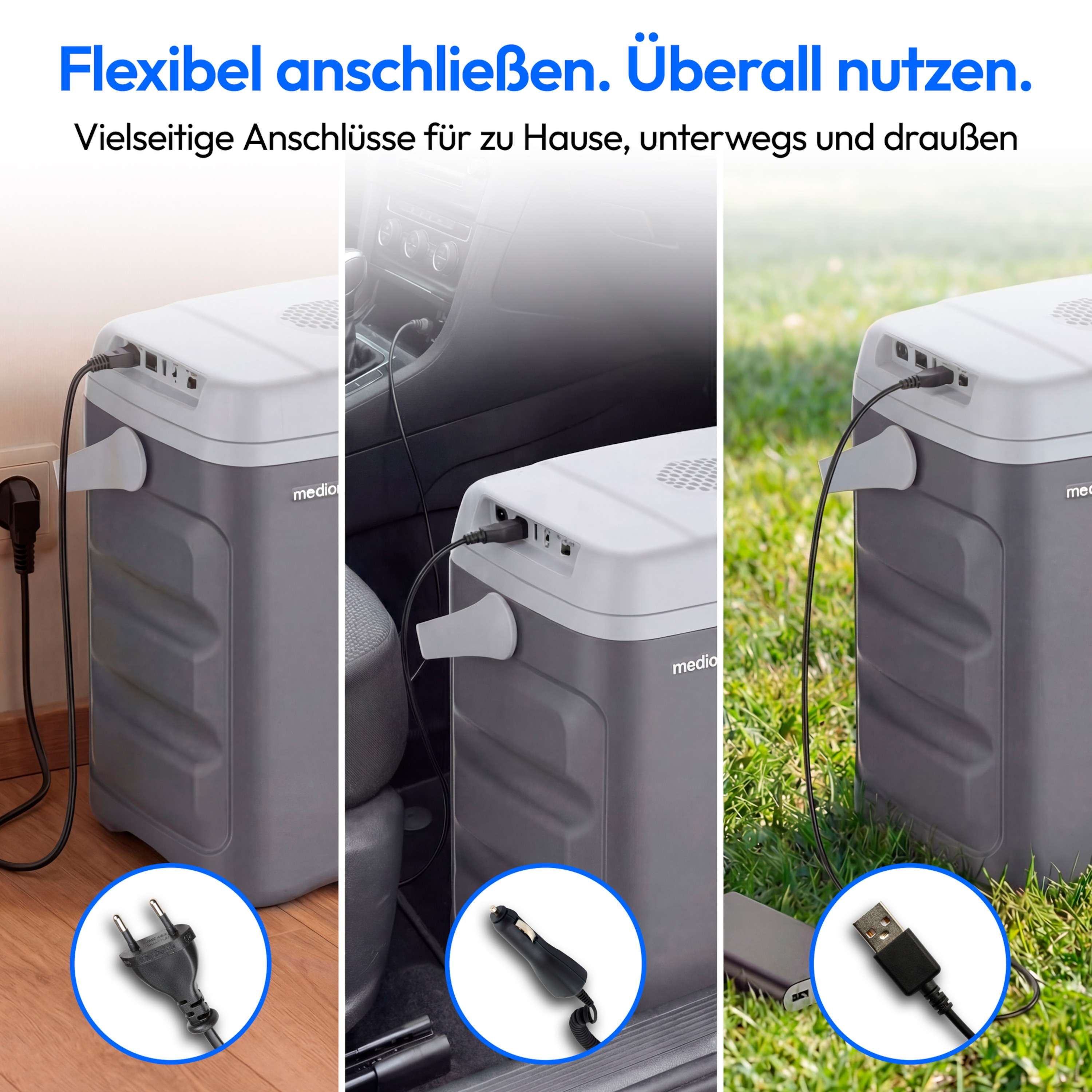 MEDION® MEDION LIFE Thermoelektrische Kühlbox MD370030, 35 L, Kühlen bis 20 °C unter Umgebung, Warmhalten bis 55 °C, 12 V / 230 V / USB 5 V, ECO Modus