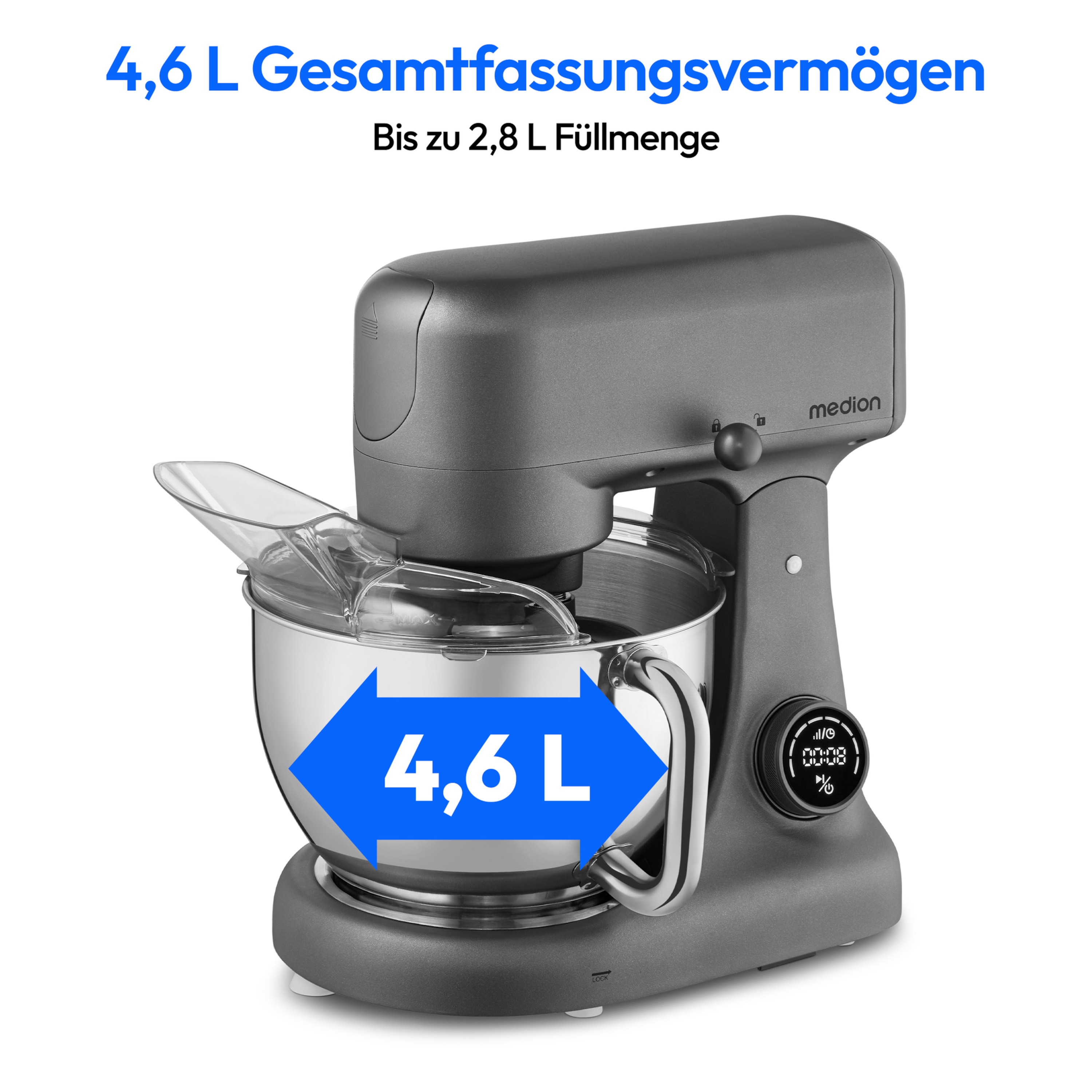 MEDION® LIFE Digitale Küchenmaschine MD12600, 800 W Gleichstrommotor, Energiesparend, Ultraleise, Digitales Sensor-Touch-Display, 4,6 L Edelstahlschüssel, Inkl. Fleischwolf