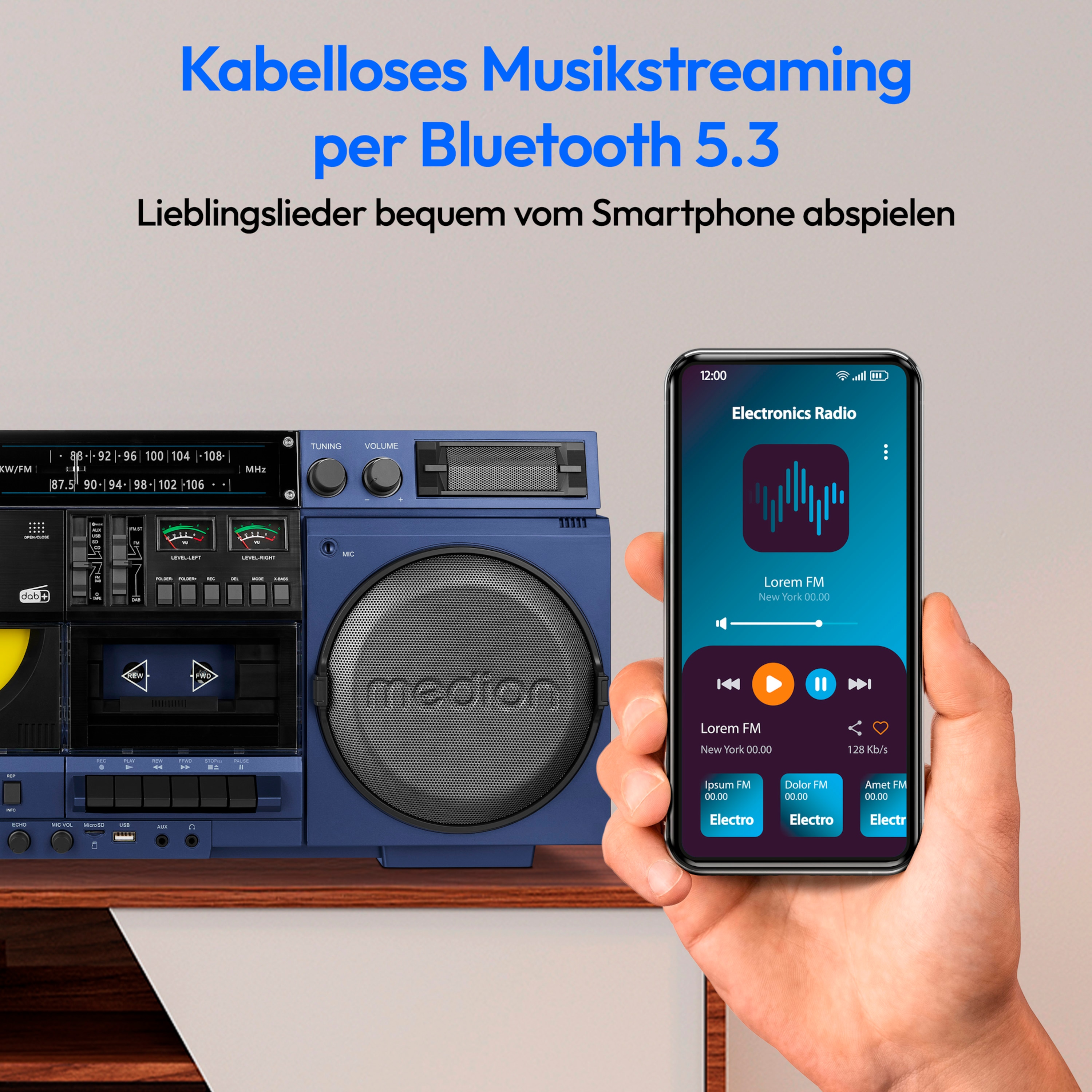 MEDION® LIFE® P66538 Retro-Boombox, DAB+/PLL-UKW Radio, Bluetooth® 5.3 für das Abspielen von Smartphone & Co, CD-Player, Kassettendeck, X-Bass Funktion, 2 x 10 W RMS