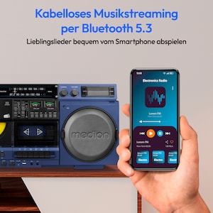 MEDION® LIFE P66538 Retro-Boombox blau, DAB+/PLL-UKW Radio, Bluetooth® 5.3 für das Abspielen von Smartphone & Co, CD-Player, Kassettendeck, X-Bass Funktion, 2 x 10 W RMS