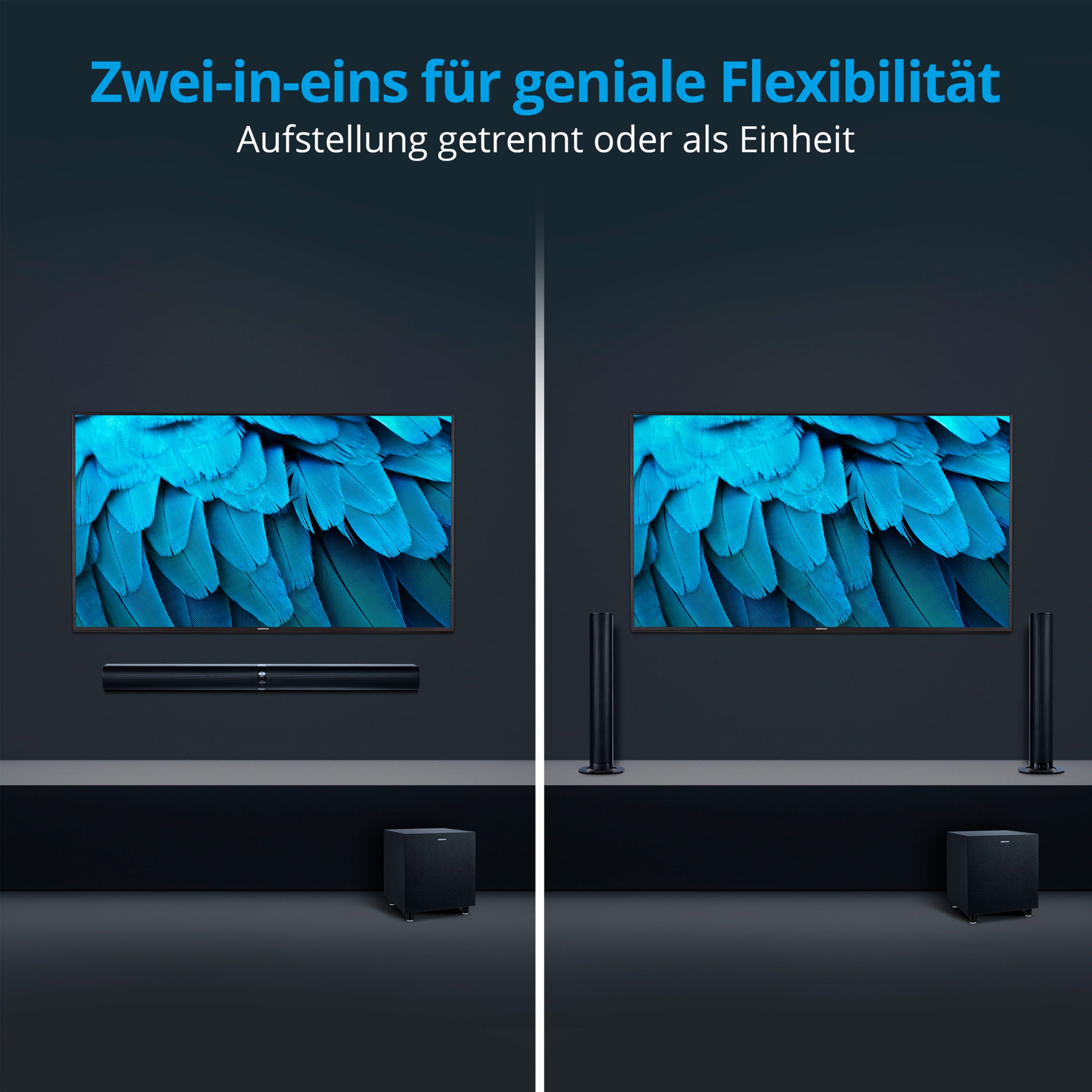 MEDION® LIFE® P61450 2.1 Soundbar, perfekte Ergänzung für den TV, 2-in1 - flexibel aufstellbar, Bluetooth® 5.3, kraftvolle 2 x 30 W + 60 W (RMS) Subwoofer