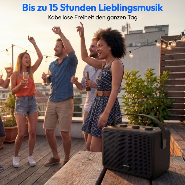 MEDION® LIFE BXO-1 Bluetooth® Lautsprecher schwarz, 2 x 15W RMS, integrierter Akku mit bis zu 15 Stunden Laufzeit, Bluetooth® 5.3, robustes & mobiles Design