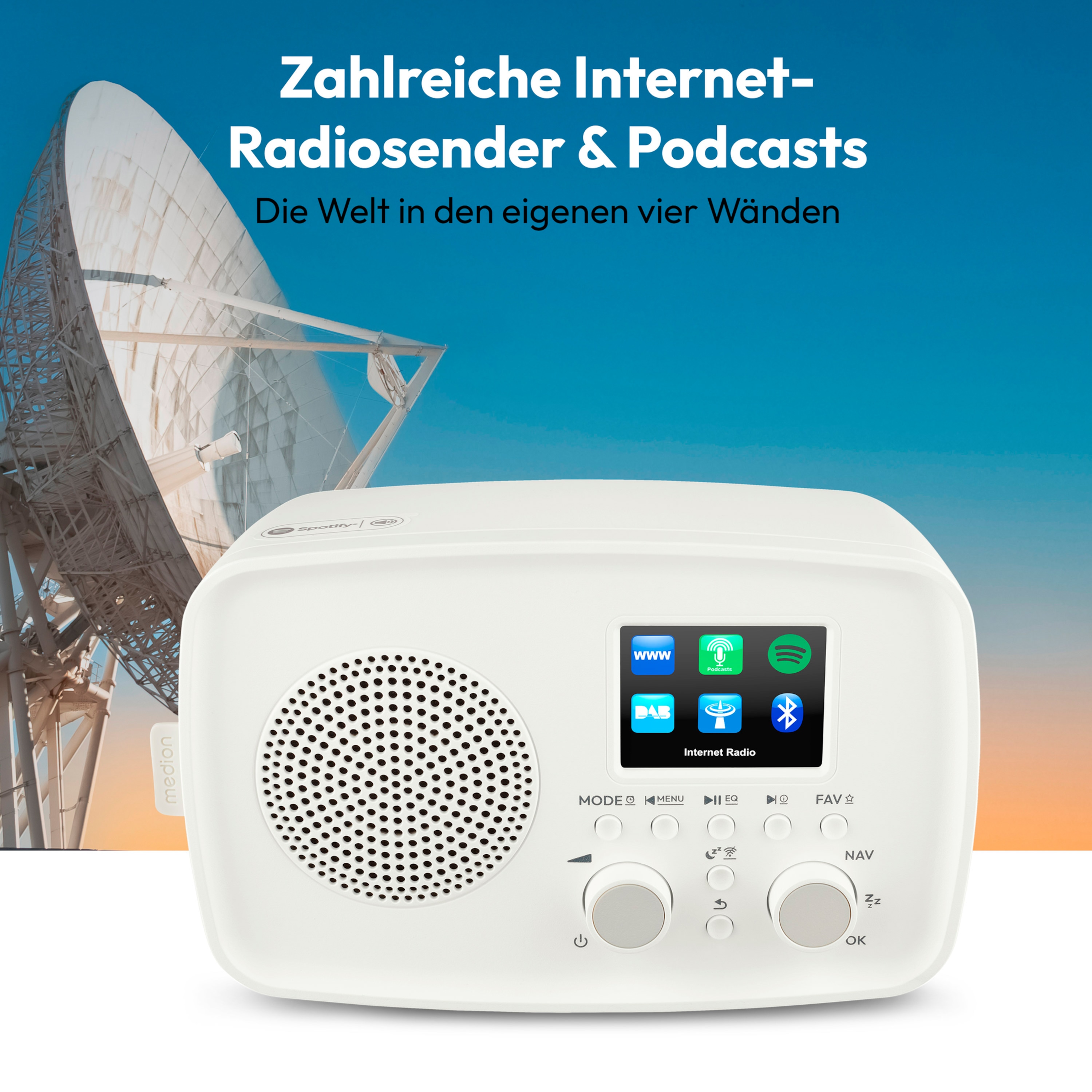 MEDION® MEDION LIFE Internetradio IRE-1 (MD89318), Empfang von über 40.000 Sendern & 20.000 Podcasts, 5 Watt (RMS), Bluetooth® 5.2 wireless technology, 2,4" (6,1 cm) TFT-Farbdisplay