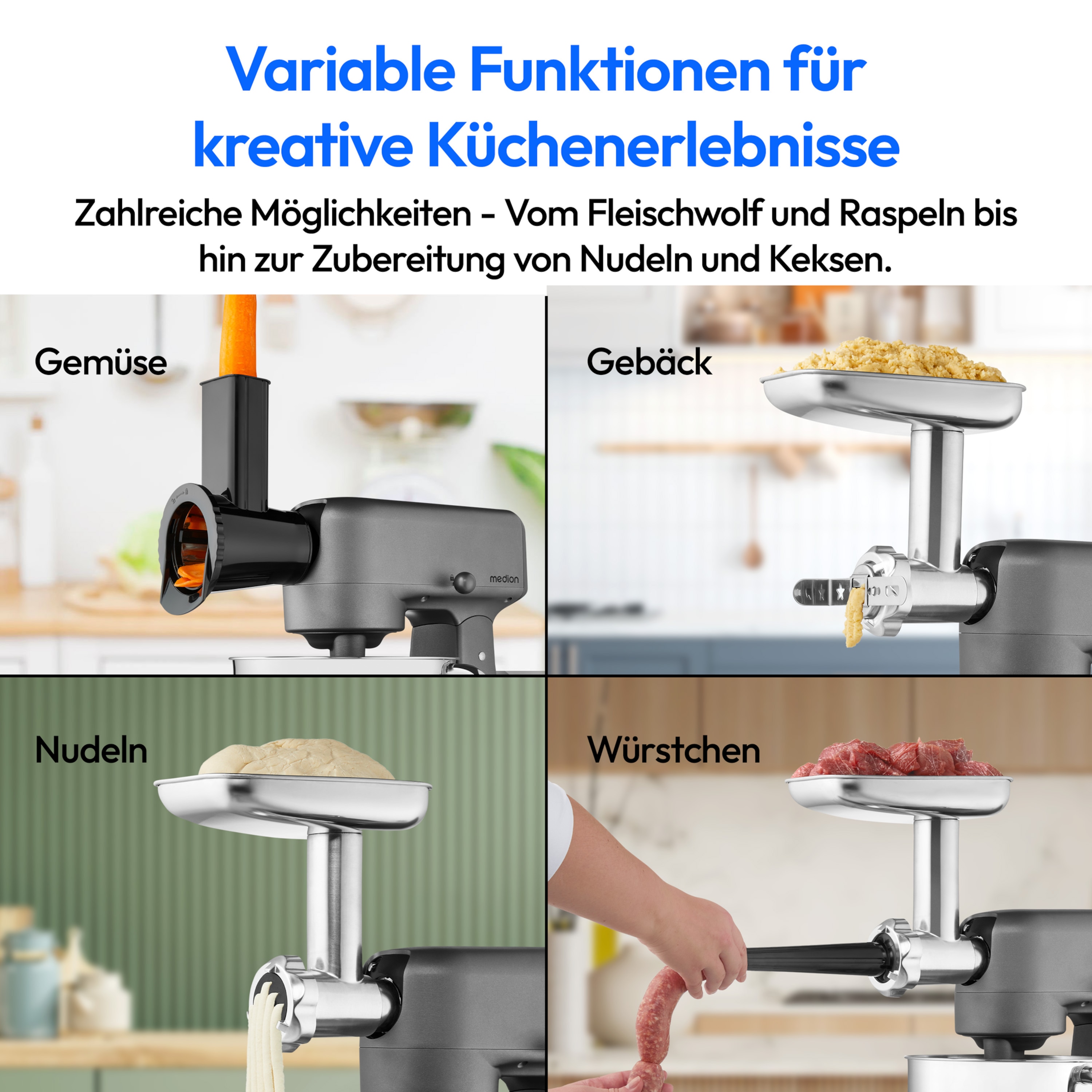 MEDION® LIFE Digitale Küchenmaschine MD12600, 800 W Gleichstrommotor, Energiesparend, Ultraleise, Digitales Sensor-Touch-Display, 4,6 L Edelstahlschüssel, Inkl. Fleischwolf