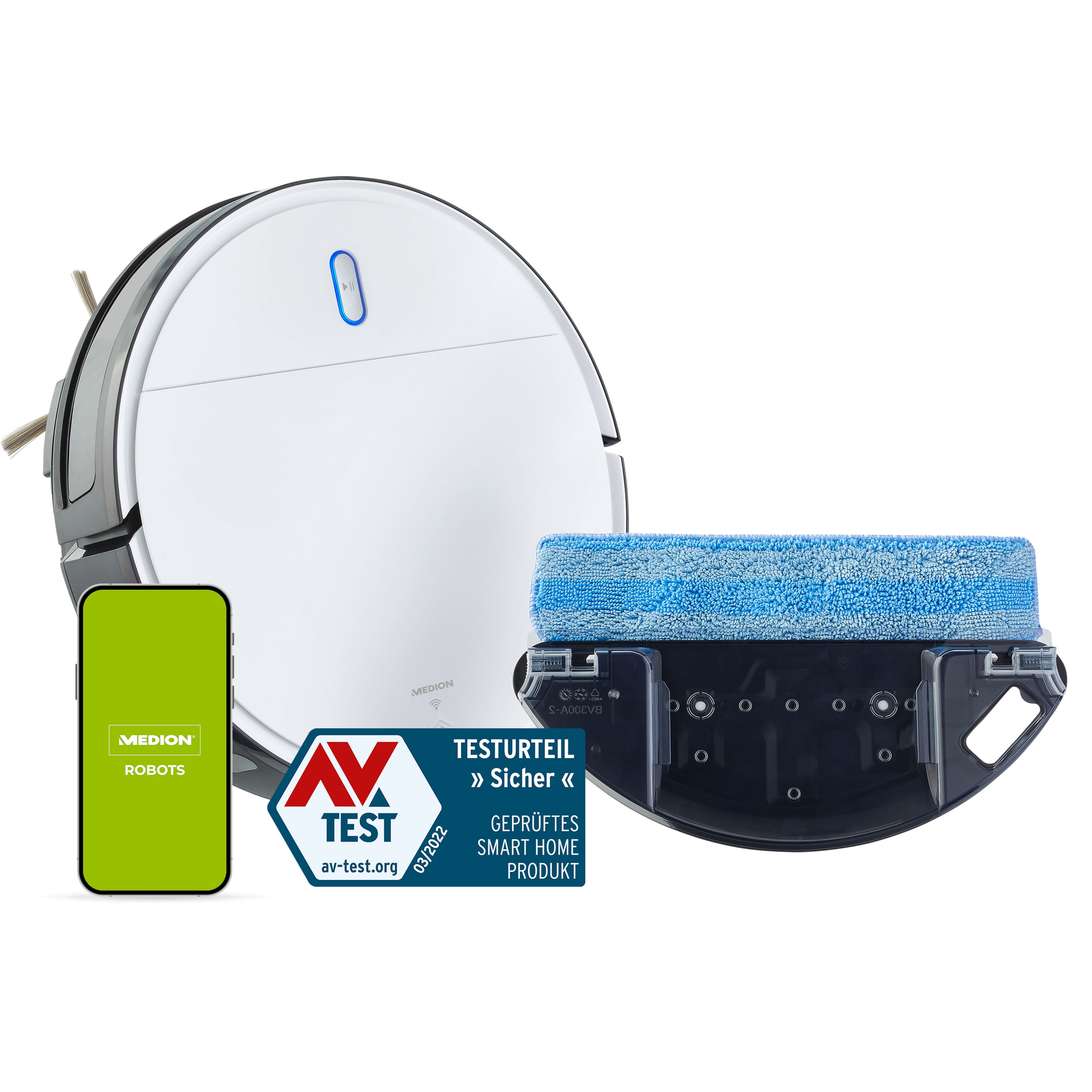 MEDION® Saugroboter S05 SW, App- und Alexa-Steuerung, Saugen und Wischen gleichzeitig, intelligente Navigation, langlebiger BLDC-Motor, 2.000 Pa Saugkraft