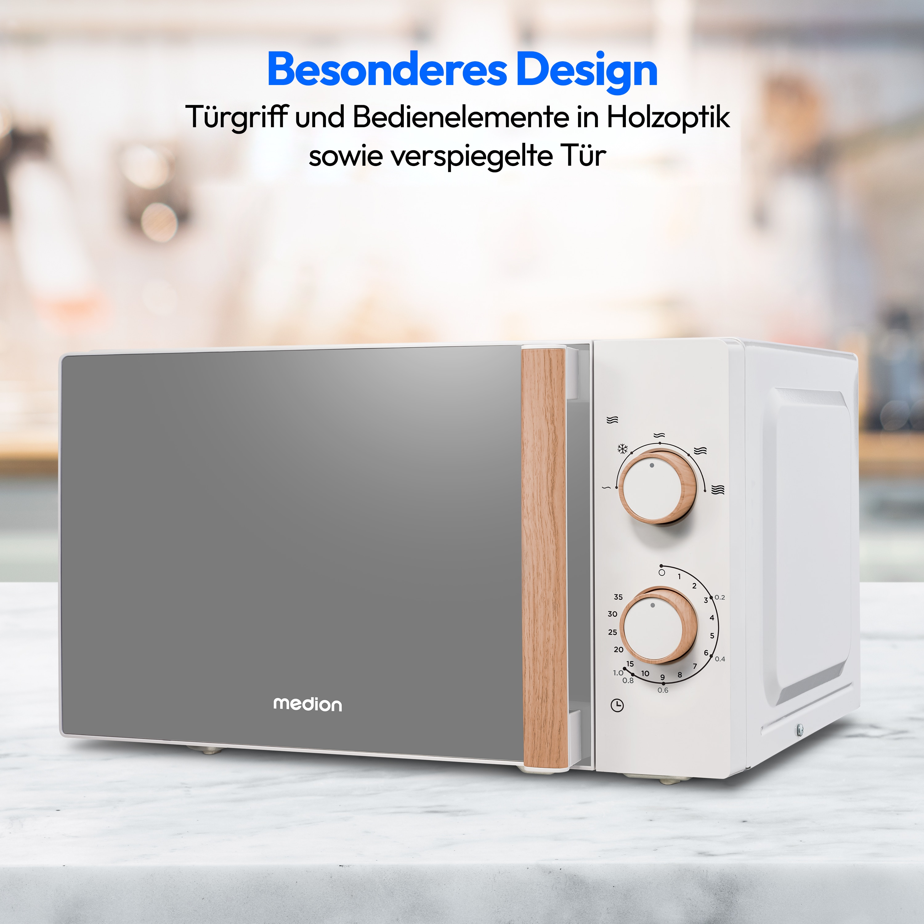 MEDION® LIFE Mikrowelle MD 10596, Holzoptik, Garinnenraum 20 Liter, 700 W, Verspiegelte Tür, 5 Mikrowellen-Leistungsstufen