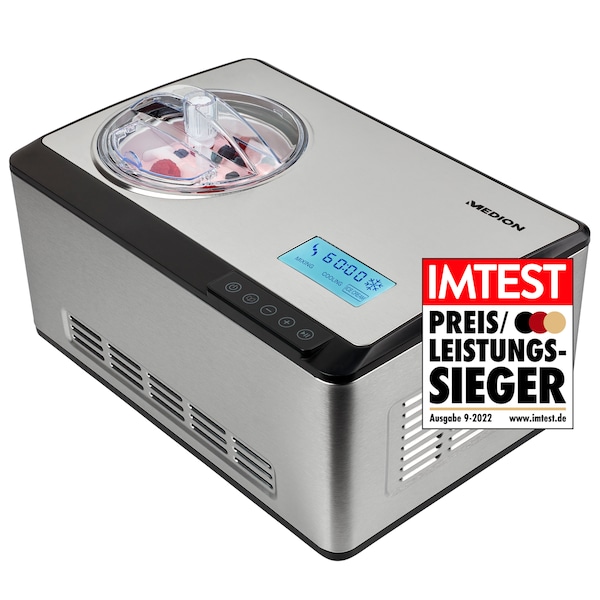 MEDION IJsmachine MD 18883 | capaciteit voor 2 L ijs (vulhoeveelheid: 1,2 L) | zelfkoelend met compressor | LC-display & sensor-touch bedieningspaneel