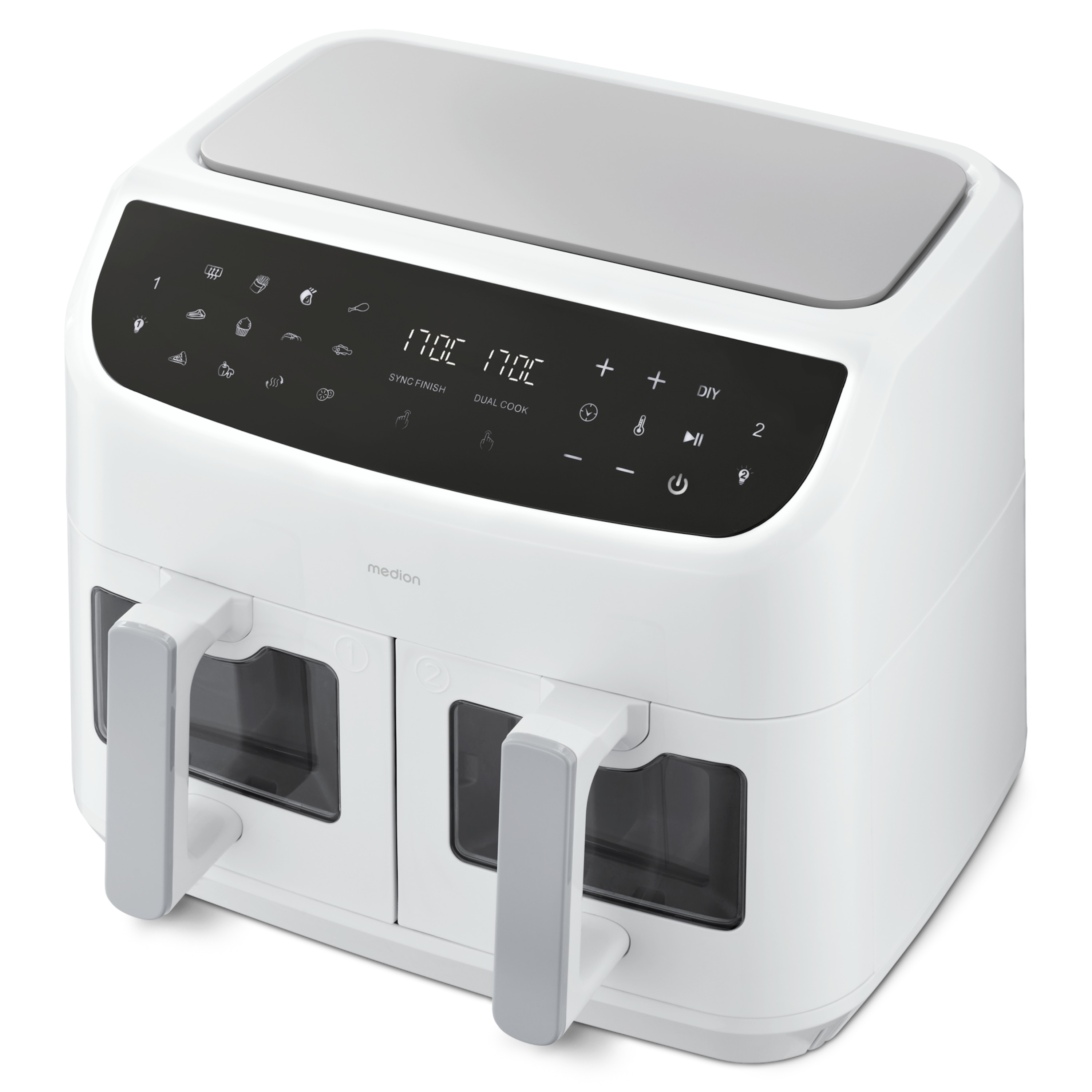 MEDION® LIFE® P20 XXL Twin Doppelzonen-Heißluftfritteuse MD 11760, 100 Rezepte in der Life+ App, 2 separate Garzonen, 9 Automatikprogramme, 8,7 L Gesamt-Nutzinhalt, 2.600 Watt, Temperatur einstellbar bis 200 °C