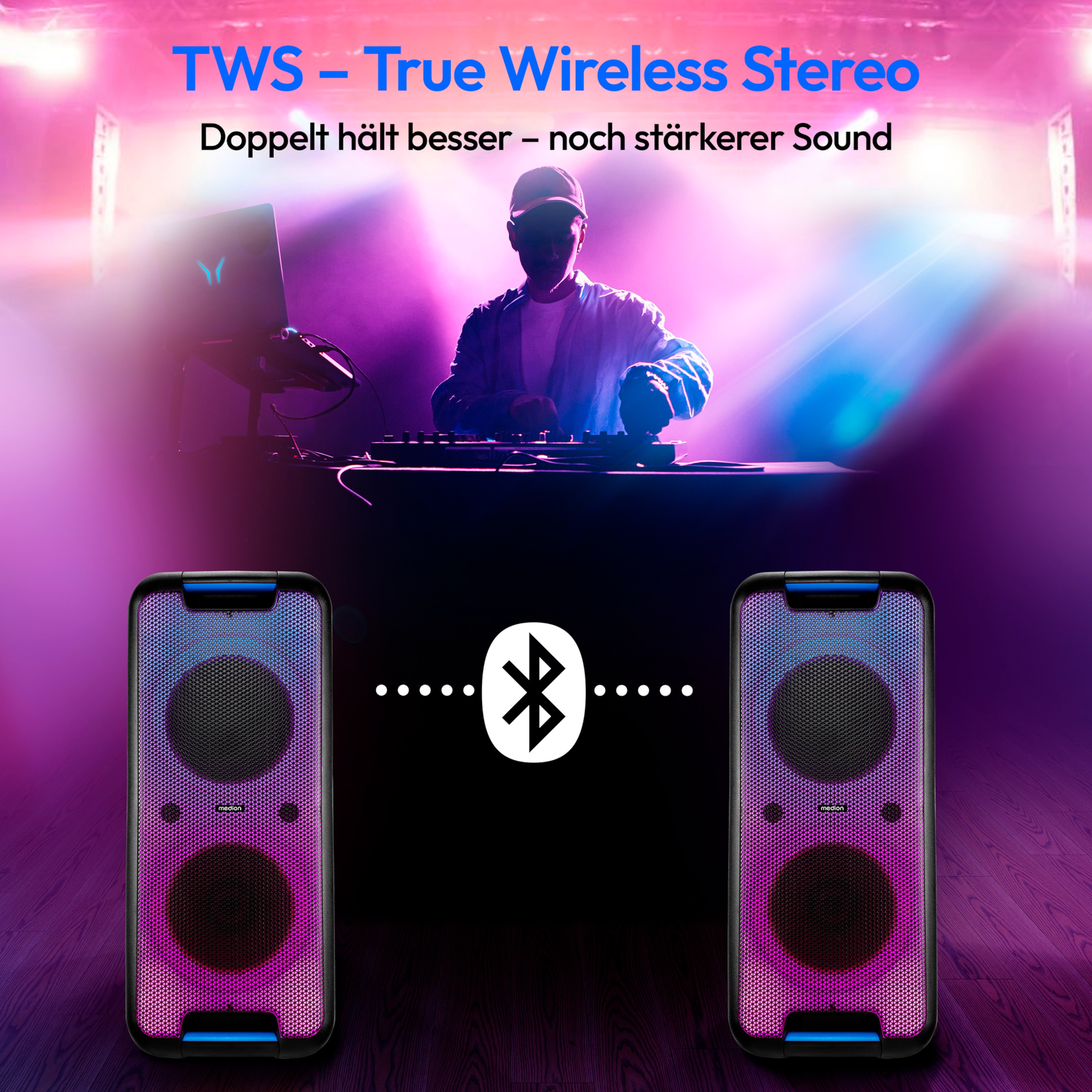 MEDION® LIFE® PX-1 Plus Partylautsprecher, tragbares Bluetooth® Soundsystem, verschiedene Lichteffekte, satter Sound, True Wireless Stereo Funktion, 2 x 50 W RMS