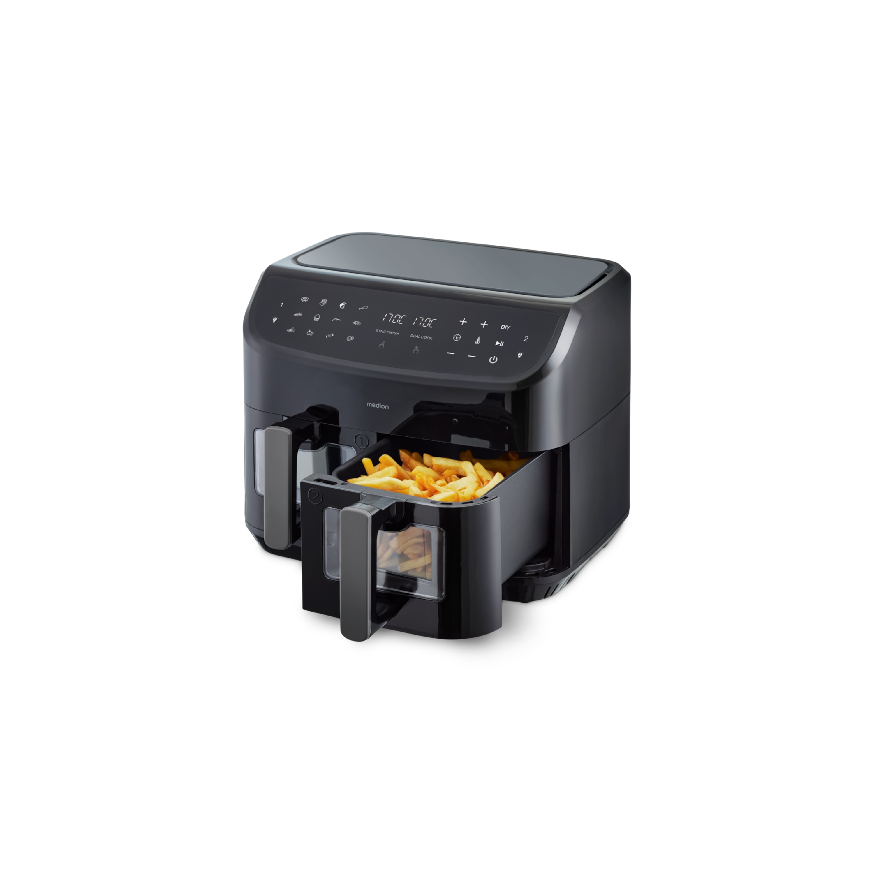MEDION® LIFE® P20 XXL Twin Doppelzonen-Heißluftfritteuse MD 11760, 100 Rezepte in der Life+ App, 2 separate Garzonen, 9 Automatikprogramme, 8,7 L Gesamt-Nutzinhalt, 2.600 Watt, Temperatur einstellbar bis 200 °C