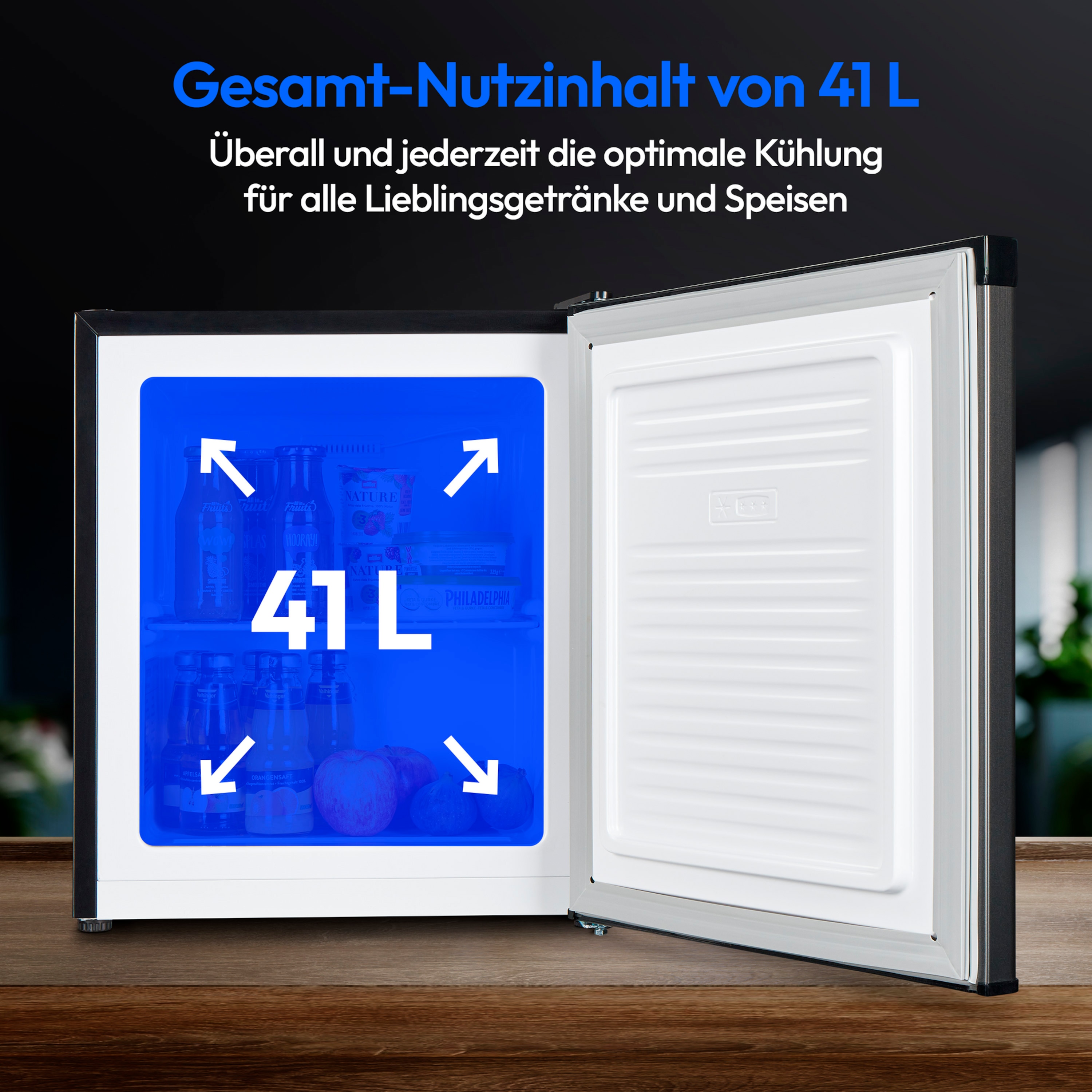 MEDION® LIFE® Mini-Kühlschrank MD 37724, 41 L Nutzinhalt, manuelle Temperatureinstellung, Geräuschpegel ca. 39 dB, eingelassener Türgriff