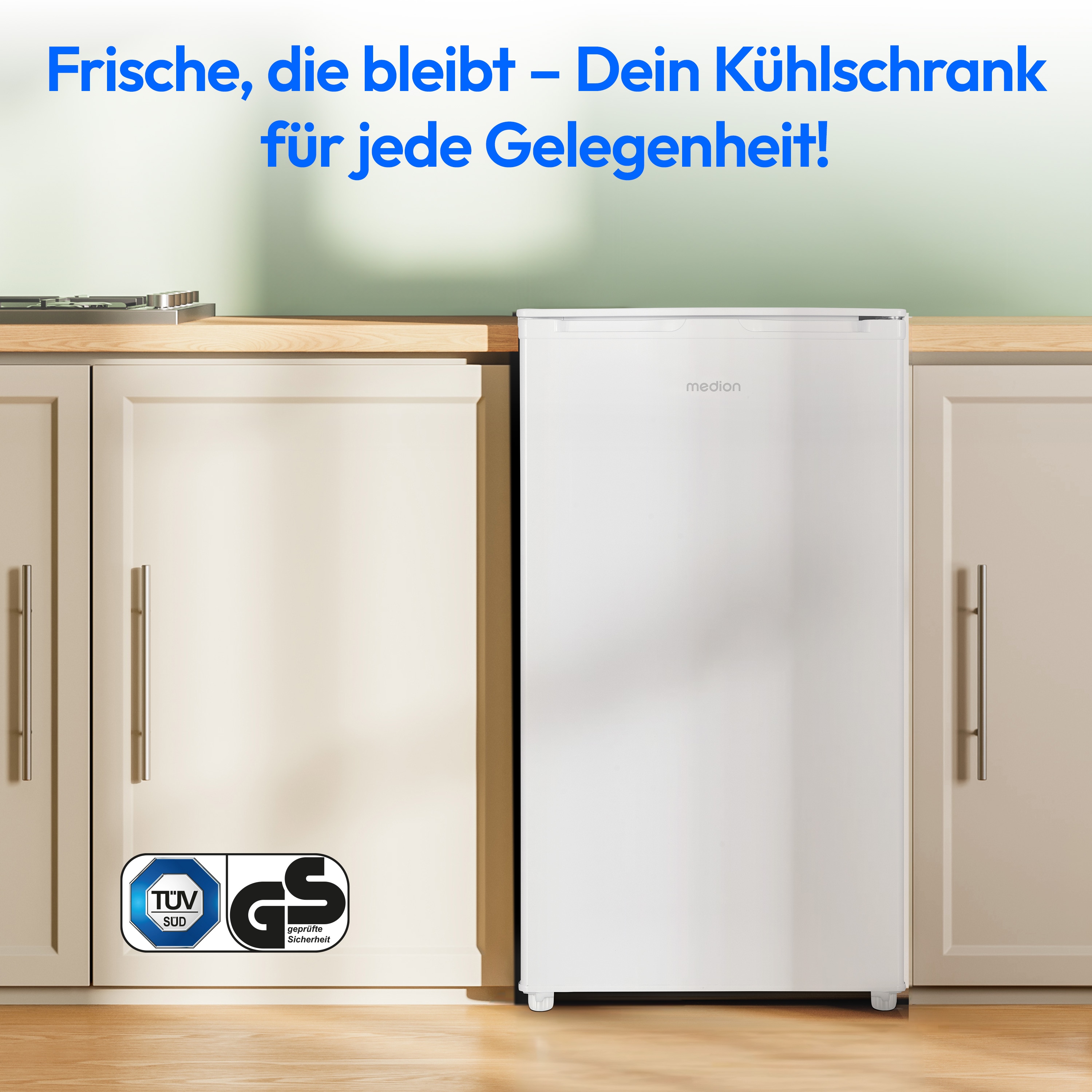 MEDION® LIFE® Kühlschrank mit Eiswürfelfach MD 37690, 90 L Gesamt-Nutzinhalt (Kühlteil 80 L & Eiswürfelfach 10 L), wechselbarer Türanschlag, geringer Geräuschpegel