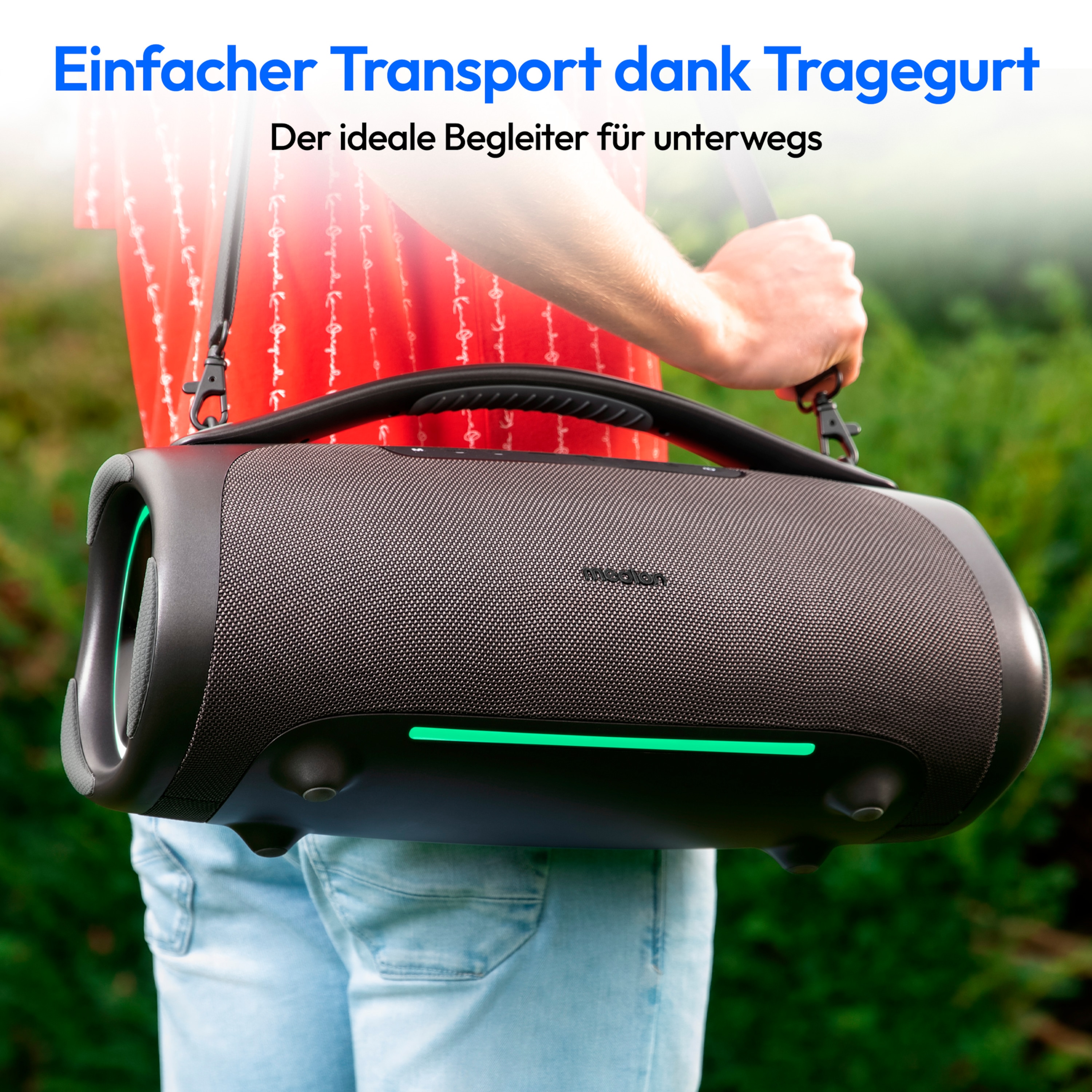 MEDION® LIFE® P61768 Tragbarer Bluetooth® Lautsprecher XL, Dual Illuminated & Lightstrip (RGB-Lichteffekte), Bluetooth® 5.3, integrierter Akku mit bis zu 30 Stunden Laufzeit, robustes & mobiles Design, 2 x 25 W + 50 W RMS