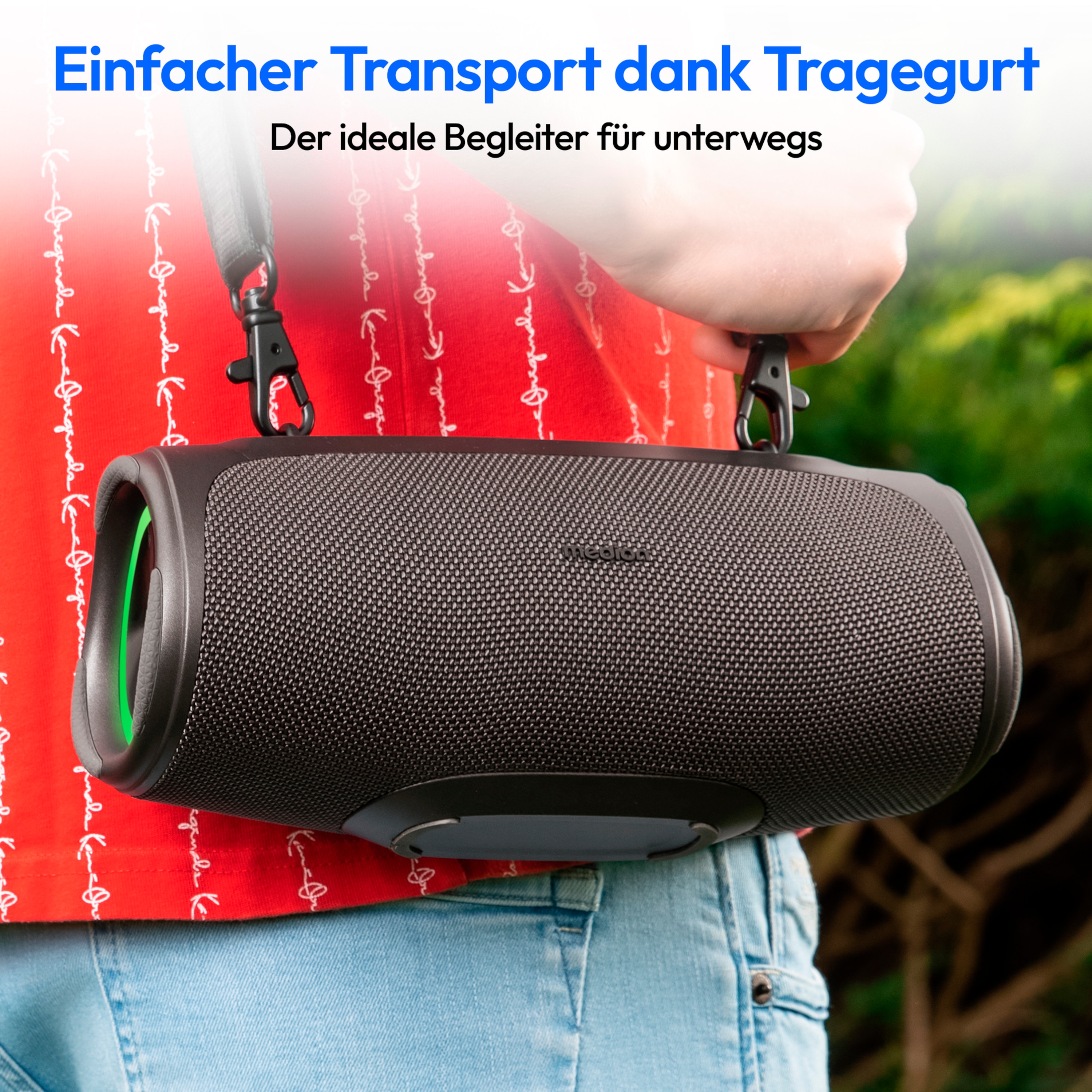 MEDION® LIFE® P61746 Tragbarer Bluetooth® Lautsprecher M, Dual Illuminated (RGB-Lichteffekte), Bluetooth® 5.3, integrierter Akku mit bis zu 42 Stunden Laufzeit, robustes & mobiles Design, 2 x 15 W RMS