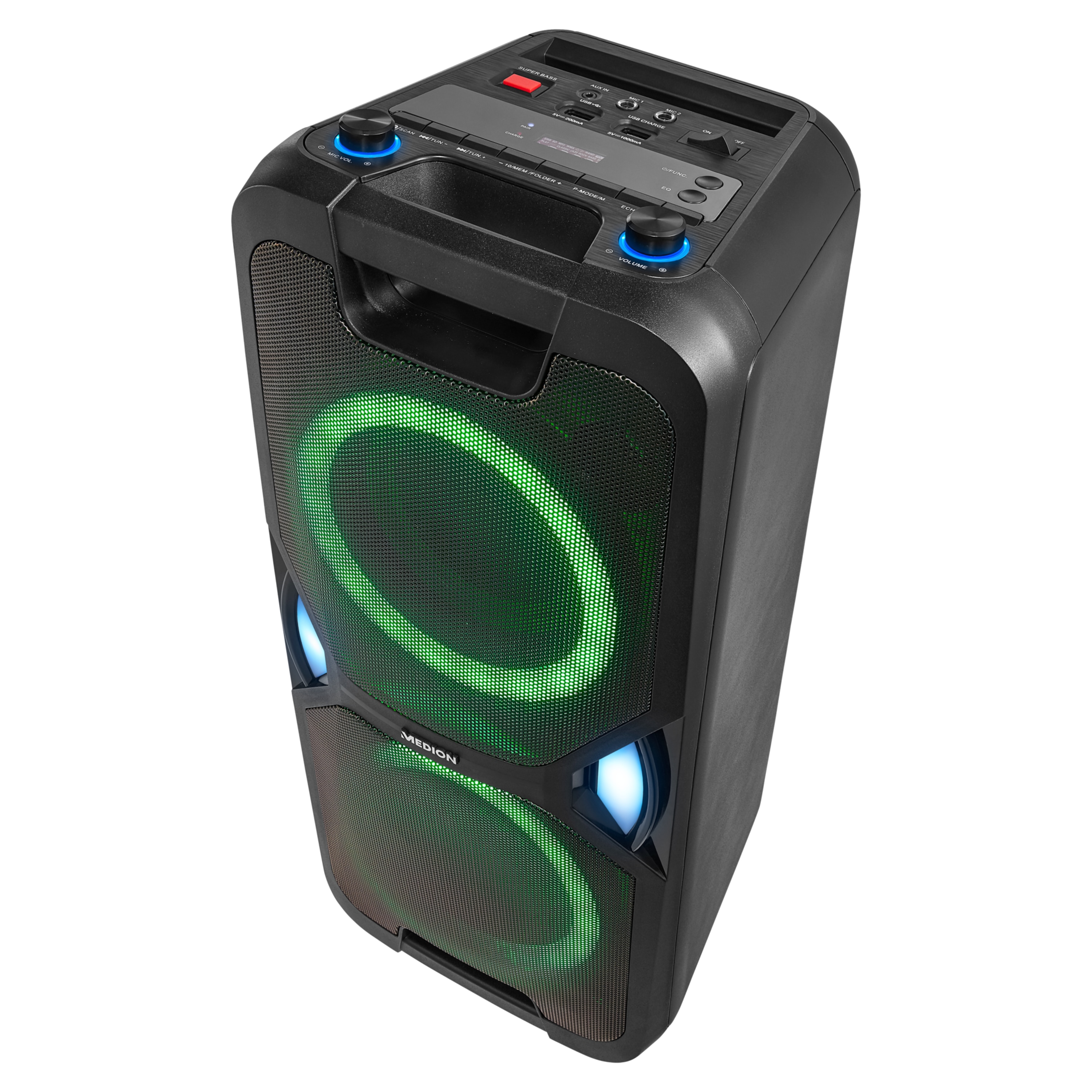 MEDION® LIFE® P67038 Partylautsprecher, PLL-UKW Radio, Bluetooth® 5.0, satter Sound, verschiedene Lichteffekte, X-Bass Bassanhebung, inkl. Mikrofon, 2 x 22 W RMS Ausgangsleistung
