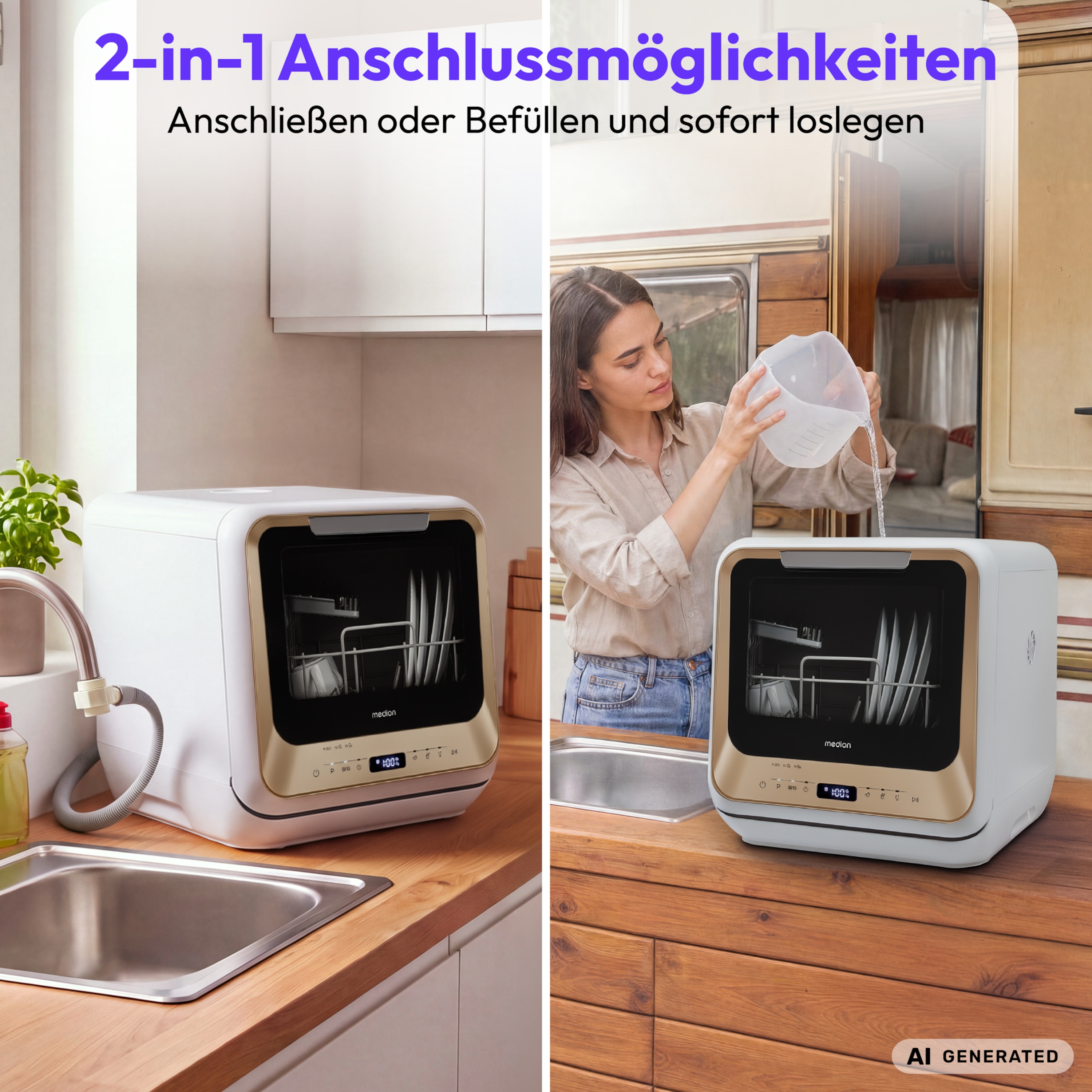 MEDION® LIFE Mini Geschirrspüler DWT20 (MD370764), gold, für 2 Maßgedecke, 6 Reinigungsprogramme, mit und ohne Wasseranschluss, Startzeitvorwahl