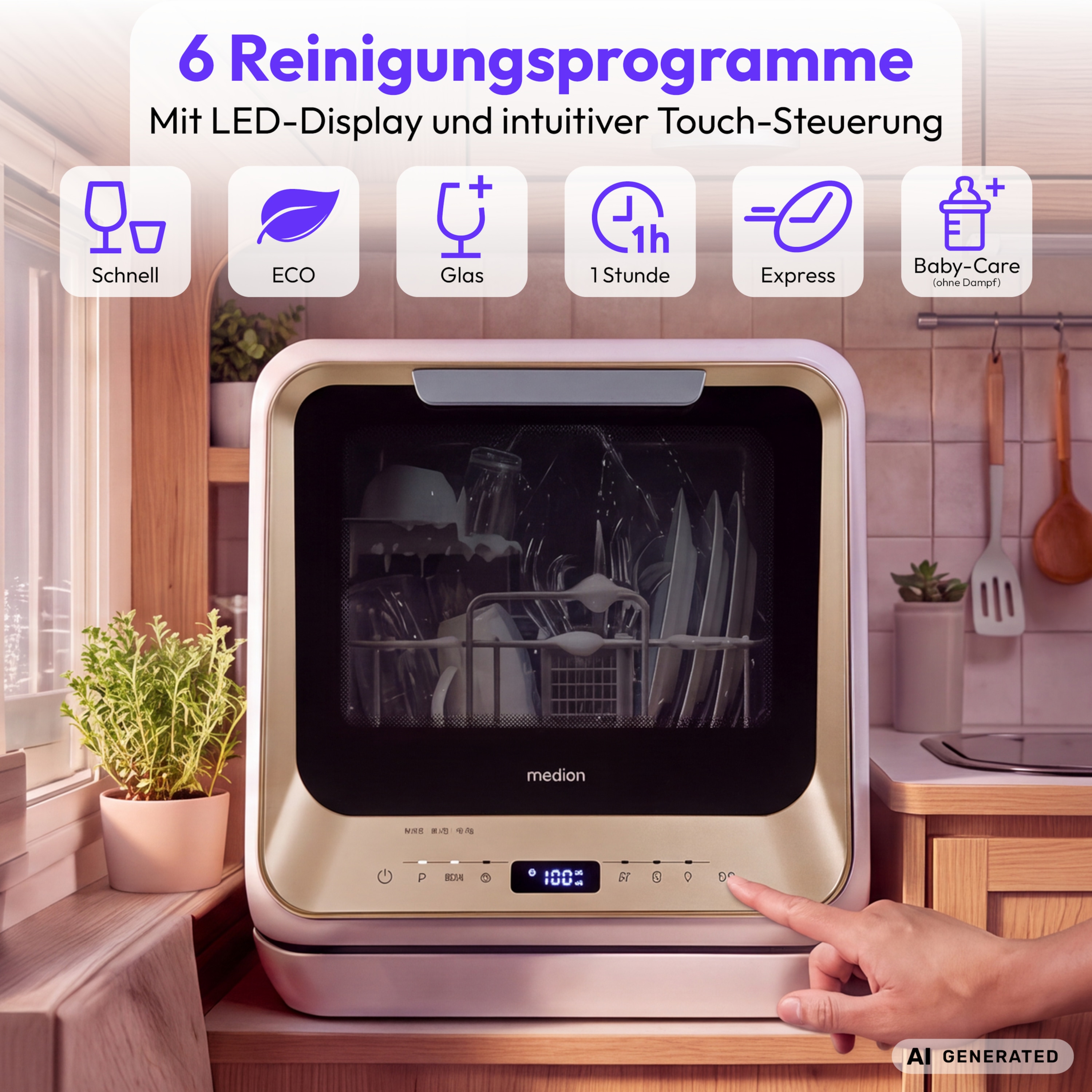 MEDION® LIFE Mini Geschirrspüler DWT20 (MD370764), gold, für 2 Maßgedecke, 6 Reinigungsprogramme, mit und ohne Wasseranschluss, Startzeitvorwahl