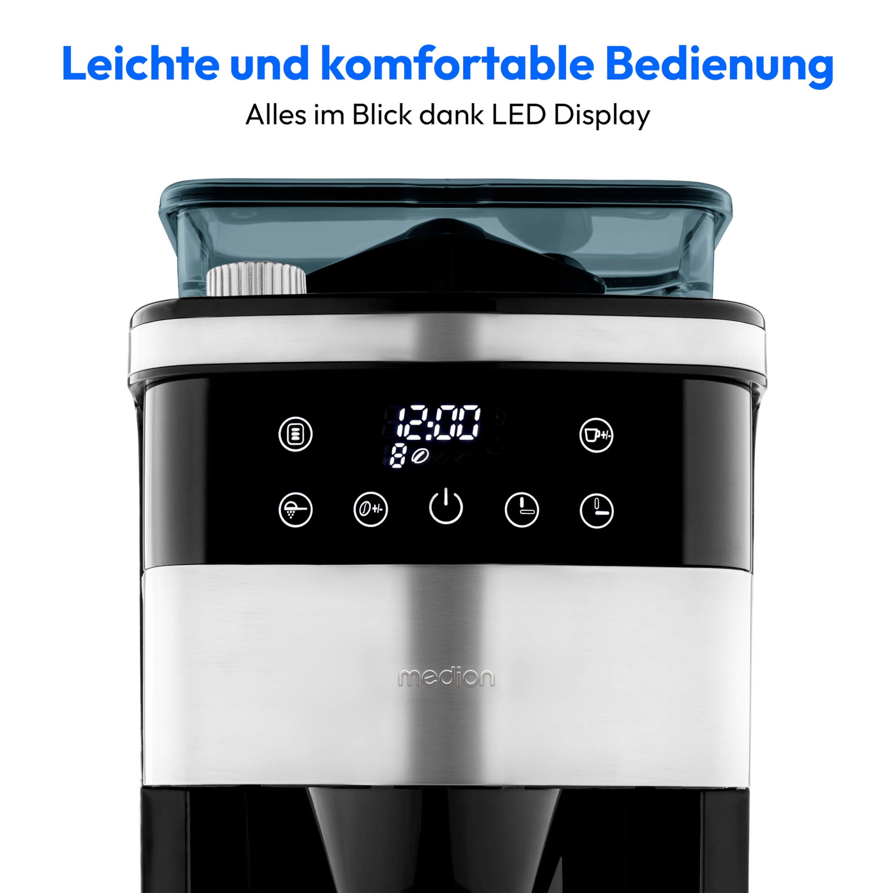 MEDION® Kaffeemaschine mit Mahlwerk MD 19911, 8 Mahlstufen, 1 Liter Wassertank, Thermoskanne, Timer-Funktion, 800 - 1000 Watt