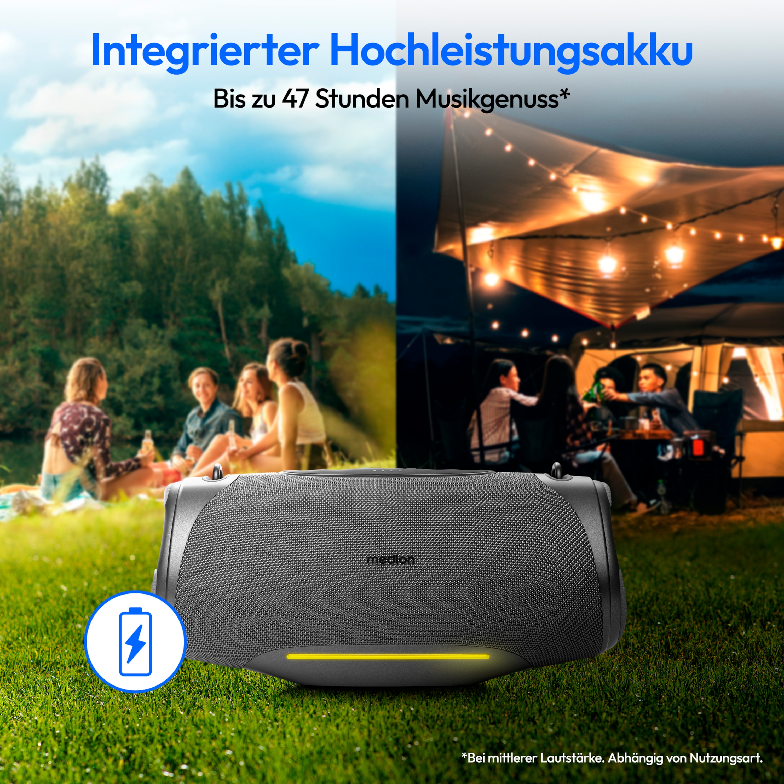 MEDION® LIFE® P61762 Tragbarer Bluetooth® Lautsprecher L, Dual Illuminated & Lightstrip (RGB-Lichteffekte), Bluetooth® 5.3, integrierter Akku mit bis zu 47 Stunden Laufzeit, robustes & mobiles Design, 2 x 25 W RMS