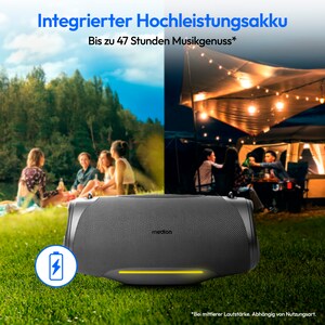 MEDION® LIFE P61762 Tragbarer Bluetooth® Lautsprecher L anthrazit, Dual Illuminated & Lightstrip (RGB-Lichteffekte), Bluetooth® 5.3, integrierter Akku mit bis zu 47 Stunden Laufzeit, robustes & mobiles Design, 2 x 25 W RMS