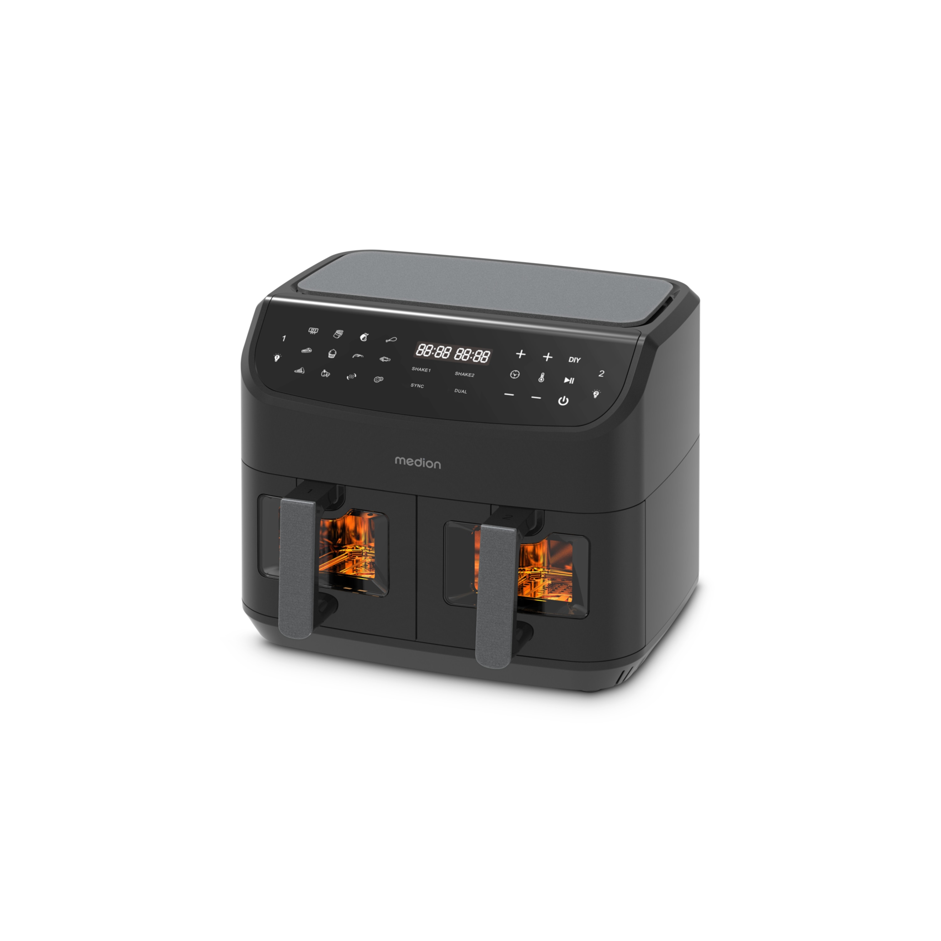 MEDION® LIFE® P20 XXL Twin Doppelzonen-Heißluftfritteuse MD 11760, 100 Rezepte in der Life+ App, 2 separate Garzonen, 9 Automatikprogramme, 8,7 L Gesamt-Nutzinhalt, 2.600 Watt, Temperatur einstellbar bis 200 °C