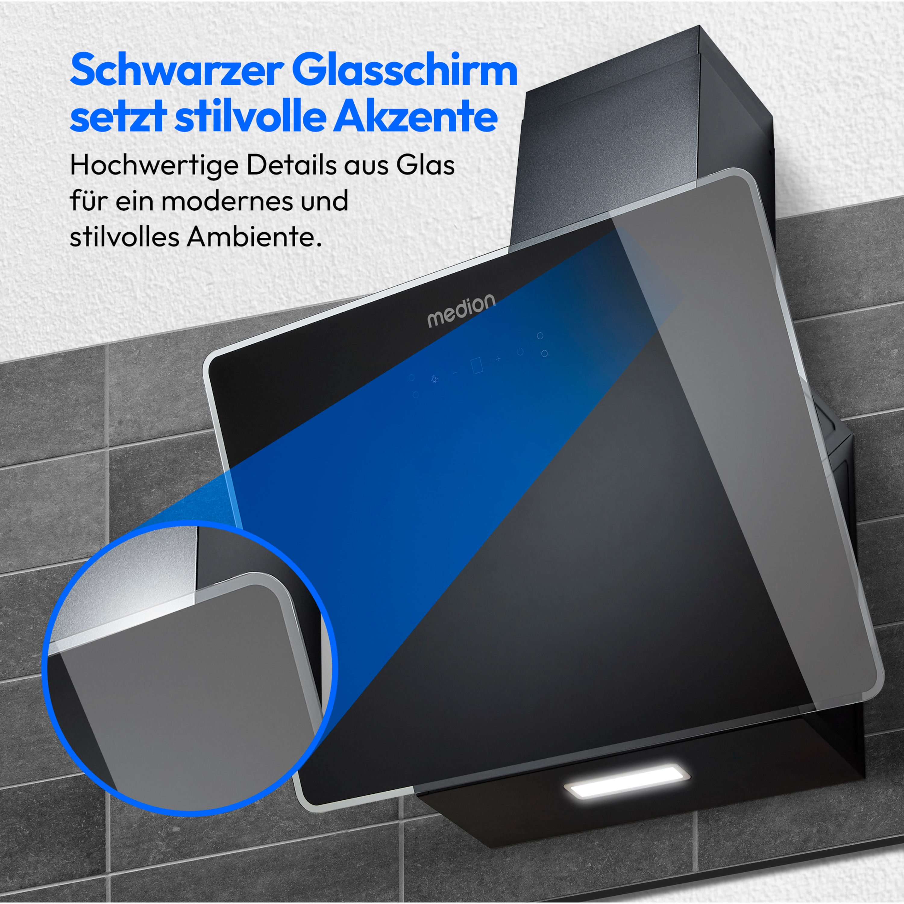 MEDION® Kopffreie Glas-Dunstabzugshaube MD 37774, Breite 60cm, LED-Beleuchtung, 3 Geschwindigkeitsstufen, Steuerung per Touch oder mit Gesten
