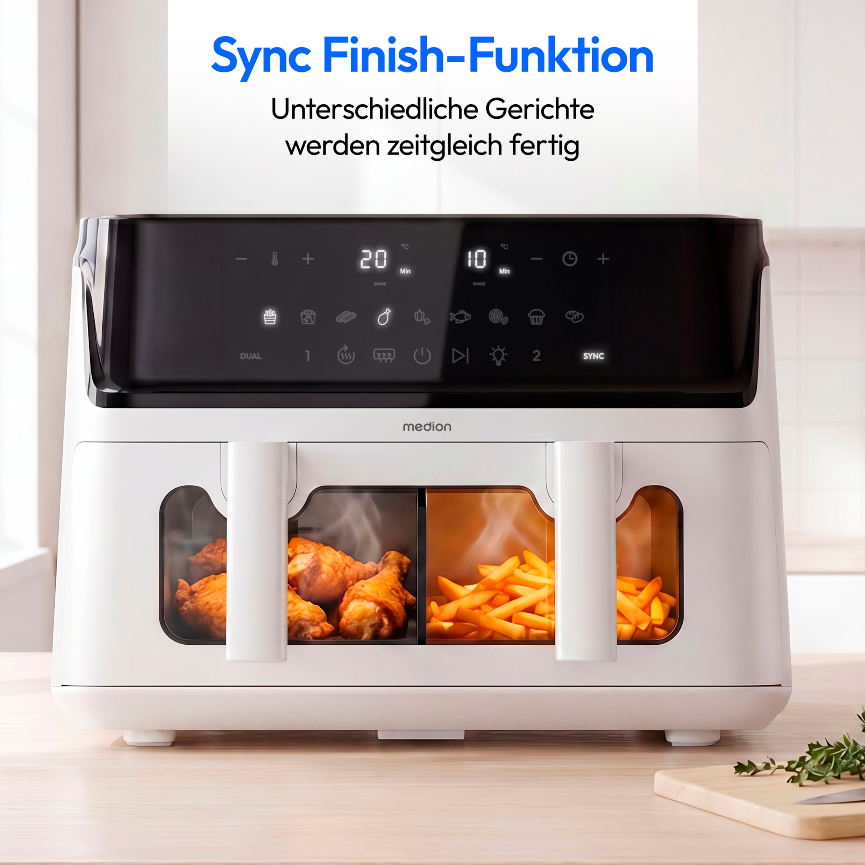 MEDION® LIFE® P25 XXL Flex M Heißluftfritteuse MD100057 weiß, 100 Rezepte in der Life+ App, 2 separate Garzonen, 10 Automatikprogramme, 10,8 L Gesamt-Nutzinhalt, 3.040 Watt, Temperatur einstellbar bis 200 °C