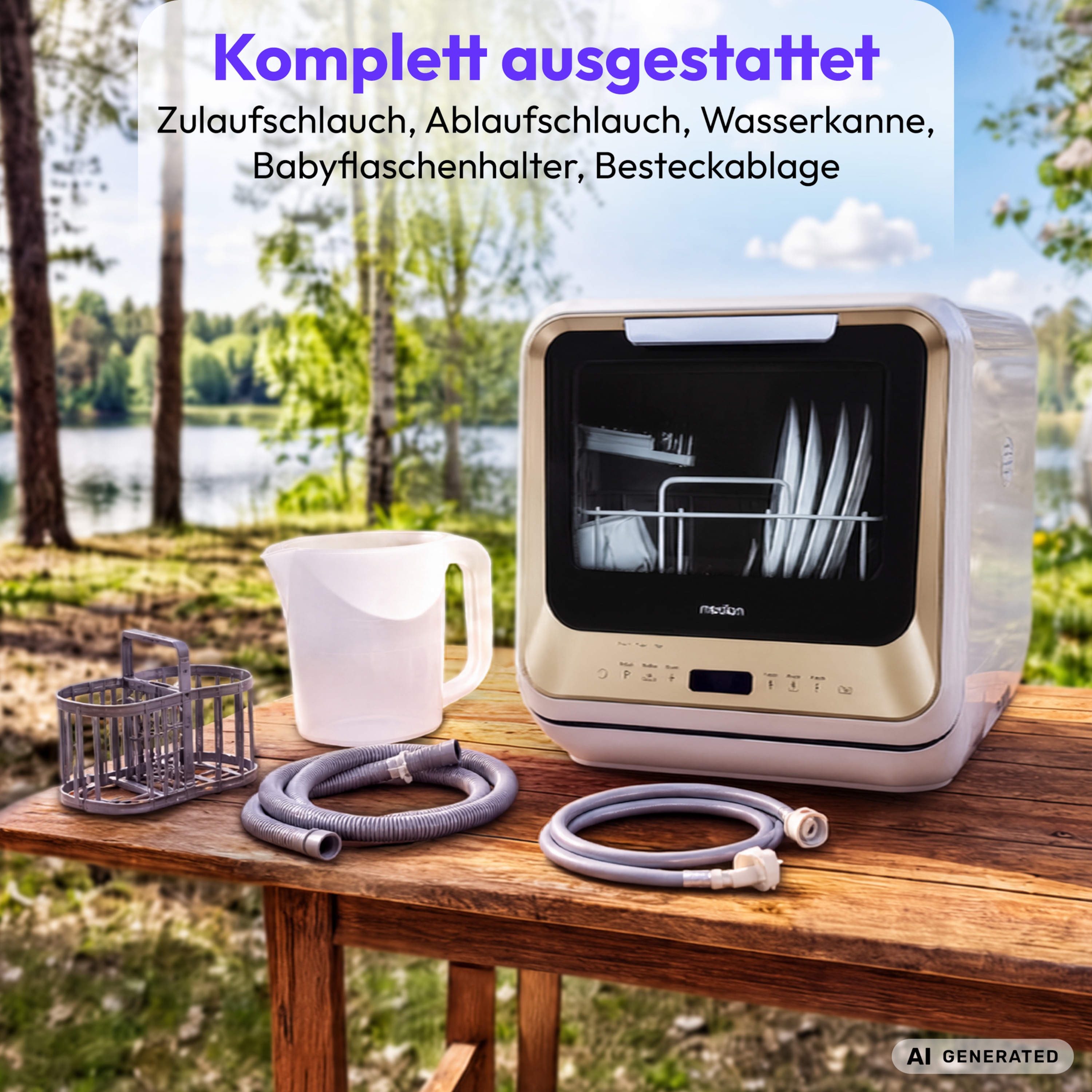 MEDION® LIFE Mini Geschirrspüler DWT20 (MD370764), gold, für 2 Maßgedecke, 6 Reinigungsprogramme, mit und ohne Wasseranschluss, Startzeitvorwahl