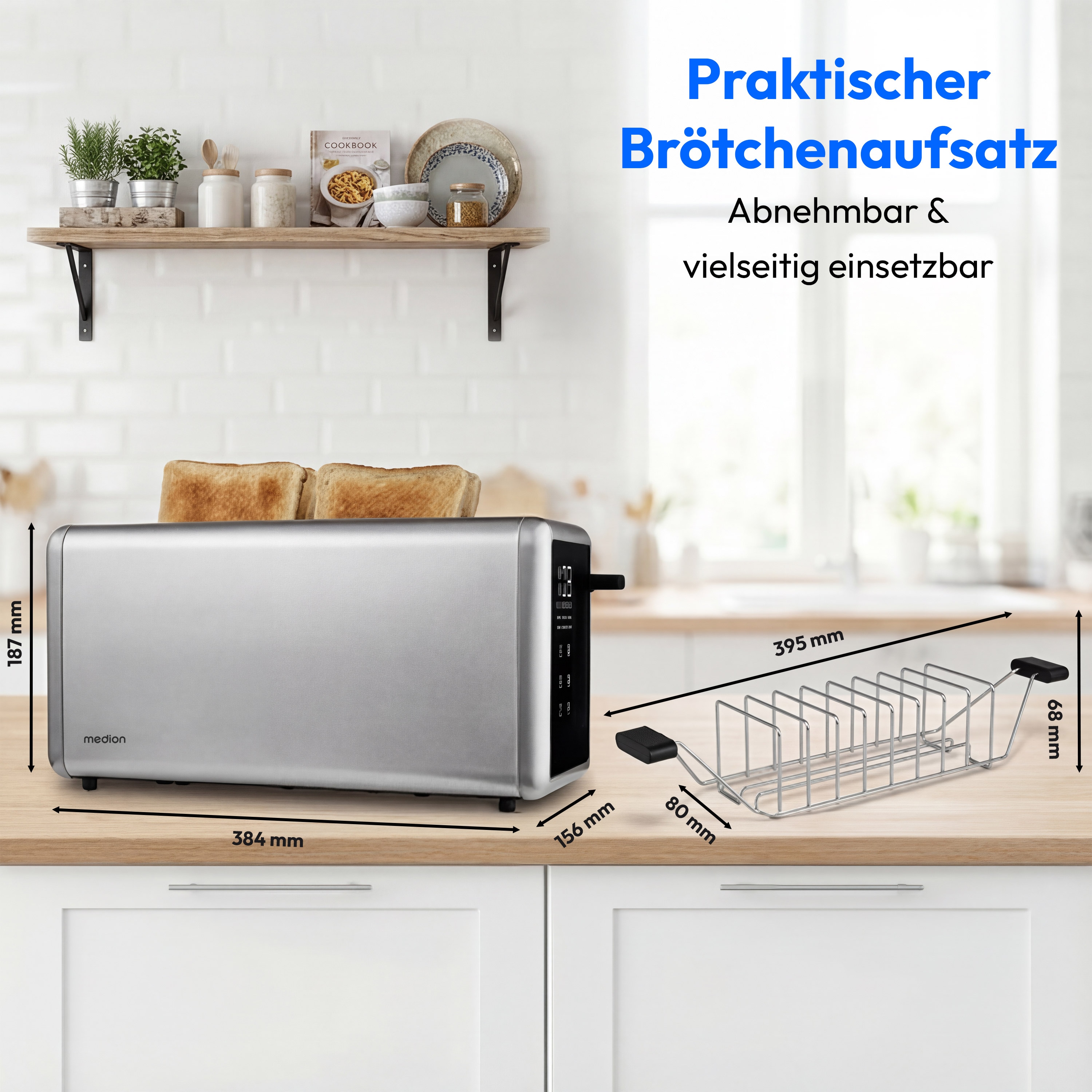 MEDION® LIFE Toaster MD12103 silber, 2 lange Toastschlitze für bis zu 4 Toasts, LED Sensor-Touch-Display, 7 Bräunungsstufen und 5 Automatikprogramme
